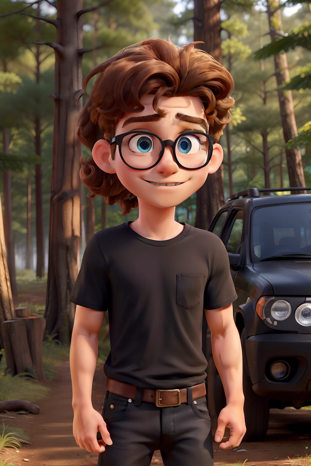 young man wearing black t-shirt, blond curly hair in a ponytail, jeans pants, brown boots, blue eyes, black glasses, in a forest with a 4x4 black car