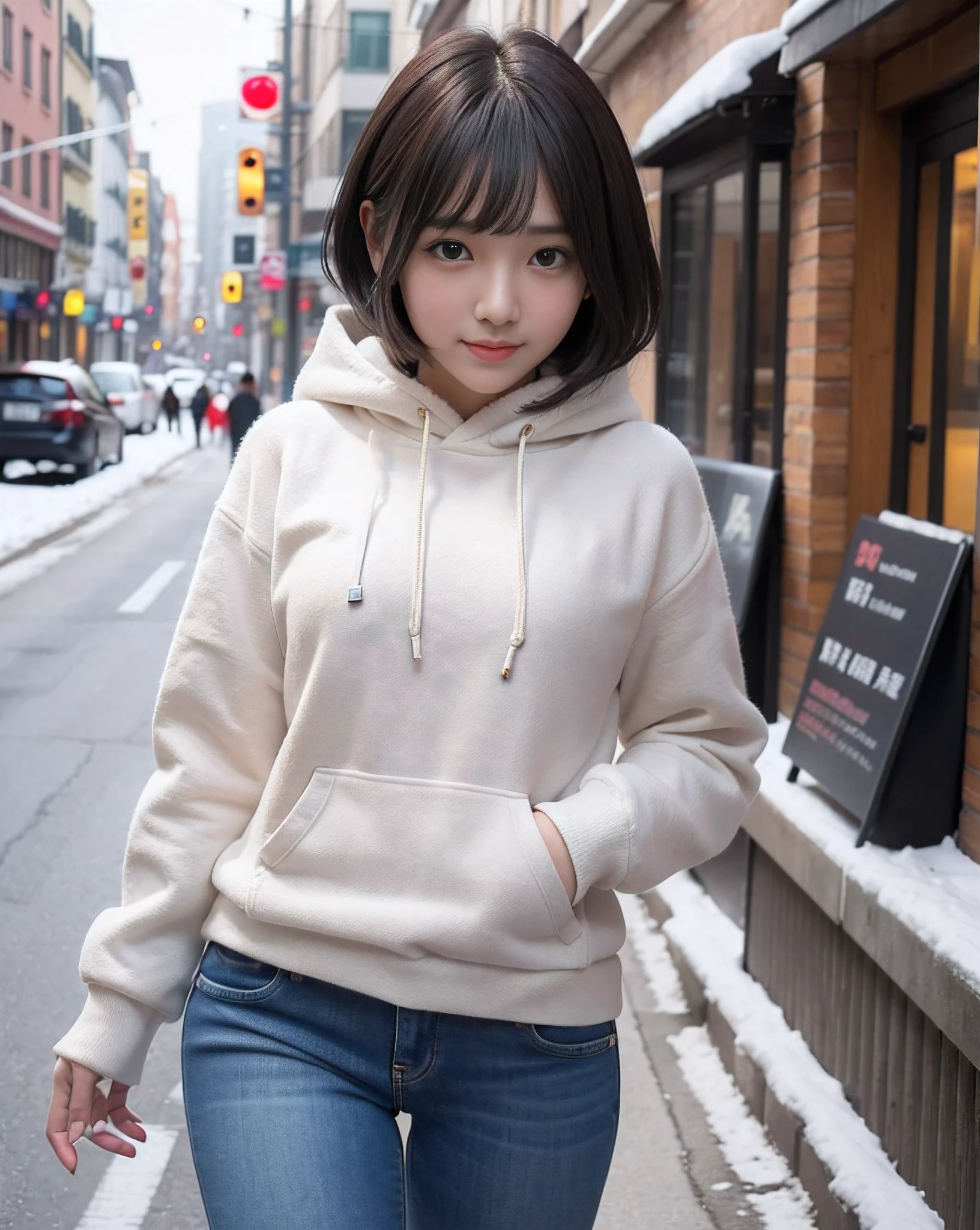 masutepiece、top-quality、((20 years girl、独奏、Cute detailed girl))、Smile、Black Shorthair、Highly detailed eyes and face、Beautiful detailed eyes、radiant eyes、with round face、Well-formed and cute face:1.1、dye one's cheeks red、small head、hight resolution、A highly detailed、sexy pose、Illustration、super detailing、masutepiece、Down jacket、Skinny Jeans、White hoodie、Red muffler、Brown boots、(large full breasts:1.2、A slender)、Photograph the whole body、snowscape、In the street、Blur the background、tre anatomically correct
