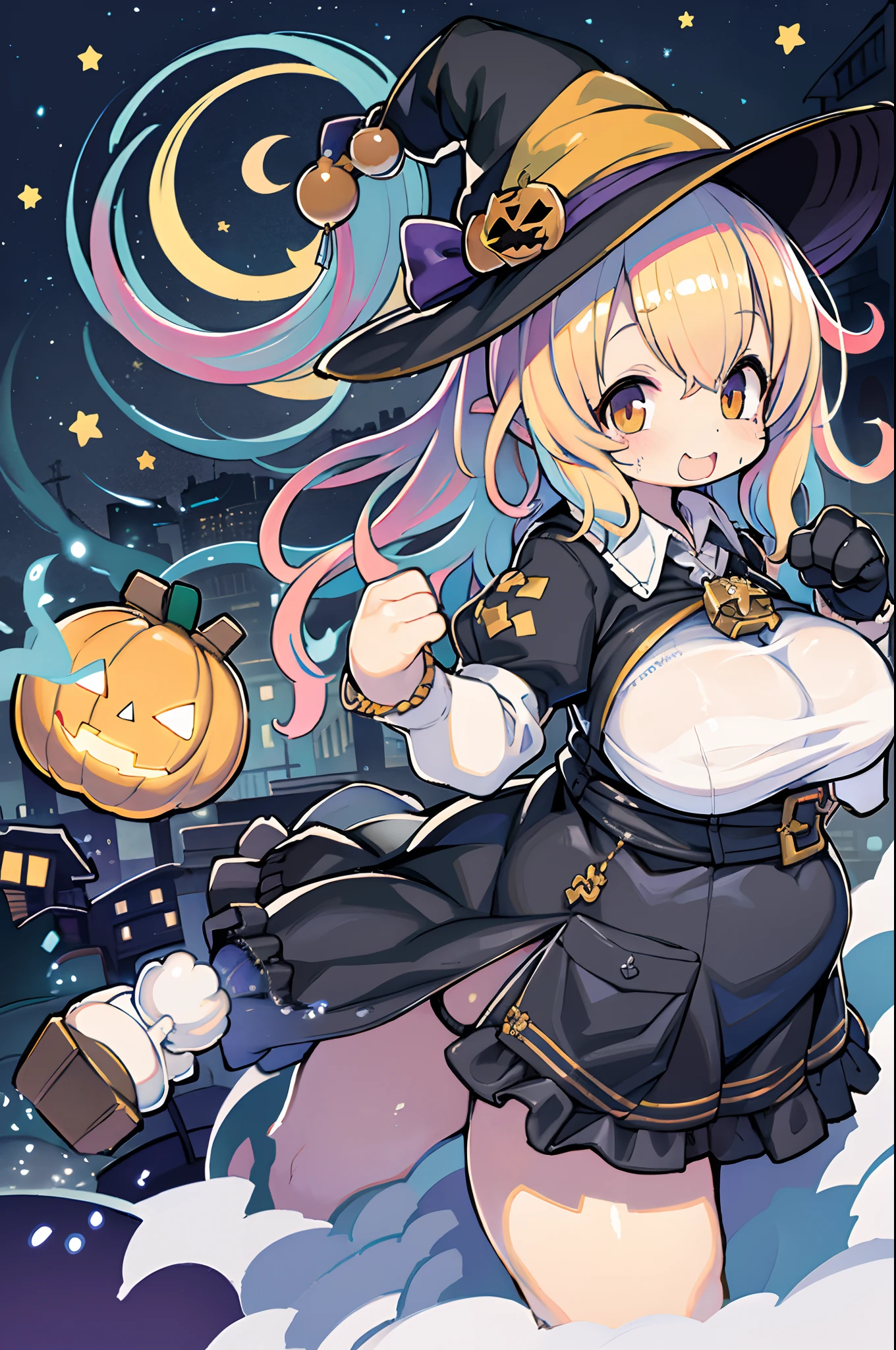 masutepiece, Best Quality, Charming Halloween 8 witch, Random coloring,2D, planar vector, T-shirt design, Colorful splashes, Fantasy Art, Watercolor effect,Digital Painting, white bg, 8K、night cityscape,bbw