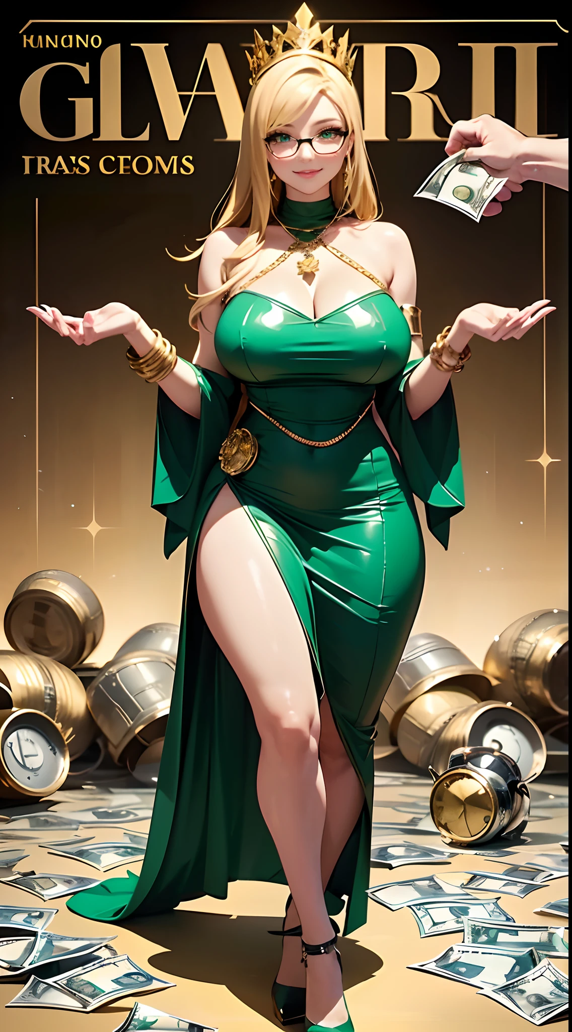 Masterpiece, cool luxury girl, thief lady, (a giant pile of money:1.5), (hold sci-fi device in hand:1.25), book cover, Magazine Cover, packs of money, crowd of fans, cult, cultists, worship, goddess green skinny dress, diamond crowns, golden watch, thick golden chains, golden glasses, smile, gold, wide shot, detailed hands, correct hands, detailed body, detailed eyes, proportional body, Cheat codes, cheats, program, cheat program, money, gold, treasure, health, armor, attributes, green dress, green colored outfit suit, skinny dress, diadema, golden watch, thick golden chains, golden glasses, packs of dollars in hands, smile, luxury sparks