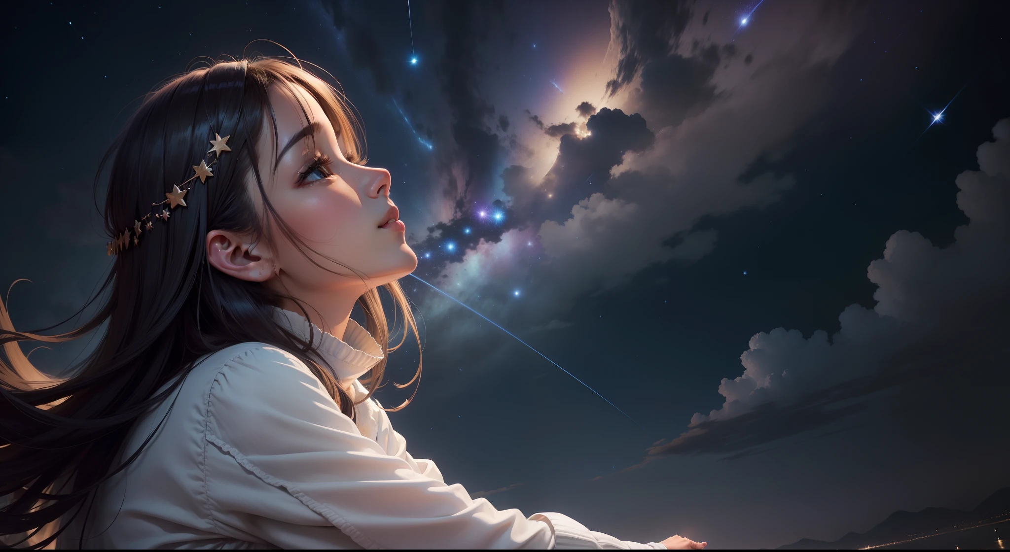 Fantastic night sky、Beautiful shooting stars are flowing.、Looking up at shooting stars、great outdoors、fullmoon、starrysky realistic Melancholy eyes