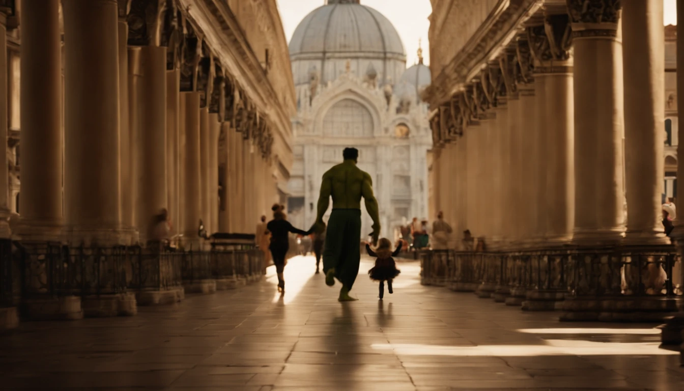 Hulk:1.1 e Mulher-Maravilha:1.1 are seen strolling hand in hand through Piazza San Marco, desfrutando da atmosfera animada