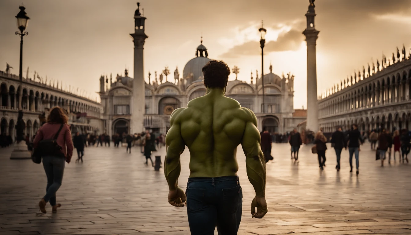 Hulk:1.1 e Mulher-Maravilha:1.1 are seen strolling hand in hand through Piazza San Marco, desfrutando da atmosfera animada