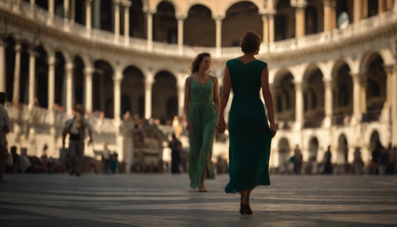 Hulk:1.1 e Mulher-Maravilha:1.1 are seen strolling hand in hand through Piazza San Marco, desfrutando da atmosfera animada