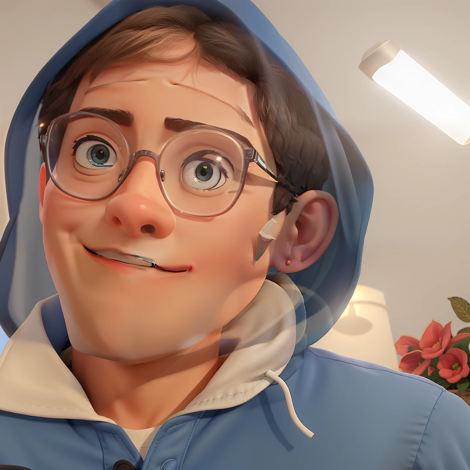 A boy who wears glasses, illuminated by the light of a lamp, vestindo um agasalho de capuz azul e branco