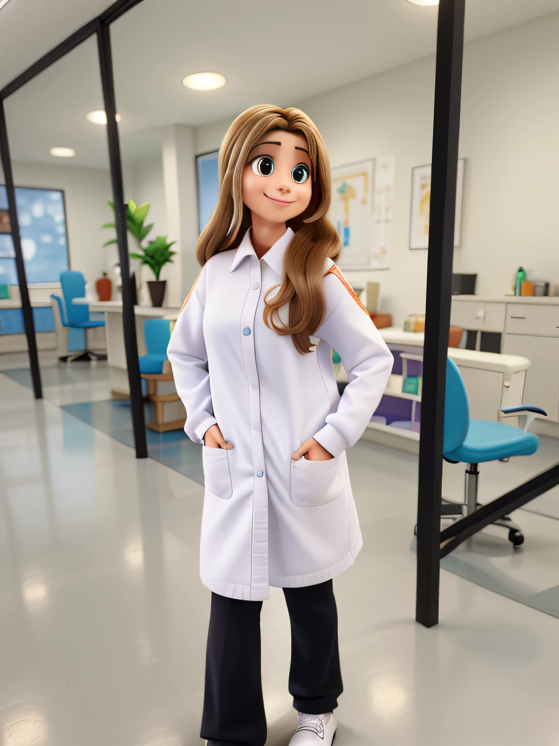 1 girl, de jaleco, cabelo escuro longo, olhos escuros, Smiling in a dental office, estilo disney pixar, melhor qualidade, alta qualidade