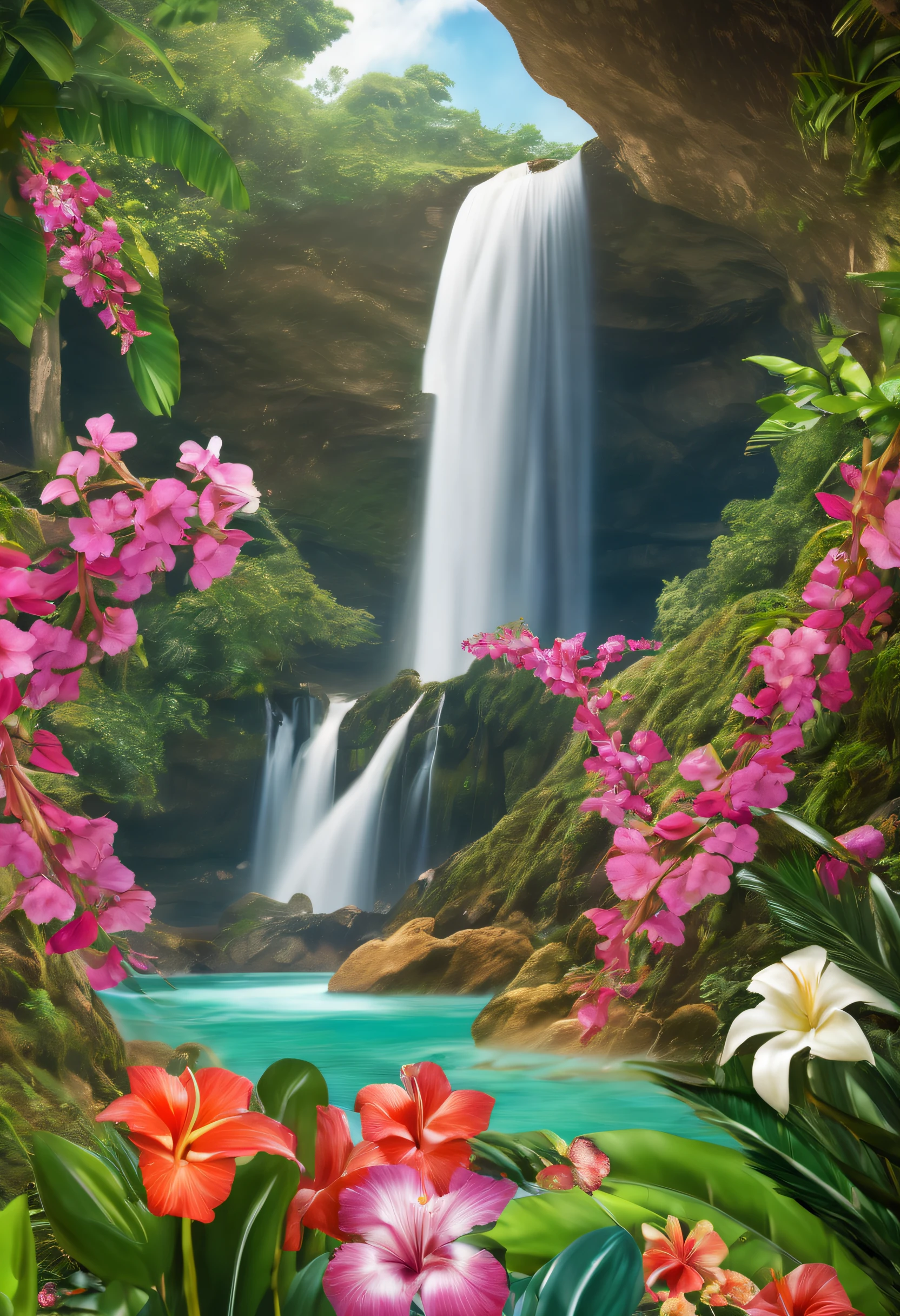 adesivo de uma cachoeira contornada com flores tropicais ( Imagem contorno irregular )