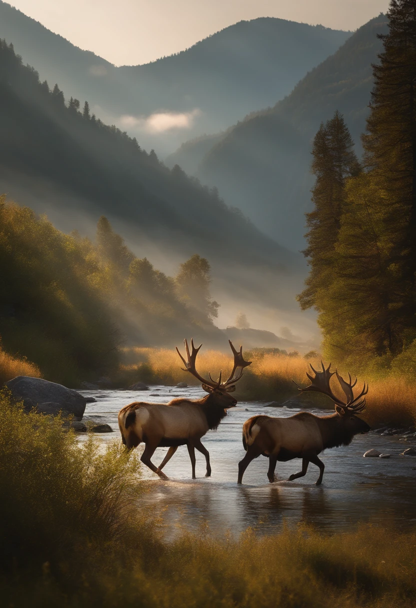 (masterpiece),best quality,(8k, high res, masterpiece:1.2),ultra-detailed,a herd of elks walking along a river in a mountain valley,illustration,oil painting,photorealistic,vivid colors,natural lighting,fine brushstrokes,detailed antlers,tall grass swaying in the breeze,serene atmosphere,glimmering water reflections,trees casting long shadows,ethereal mist hovering above the mountains,subtle sunlight filtering through the leaves,breathtaking landscape.