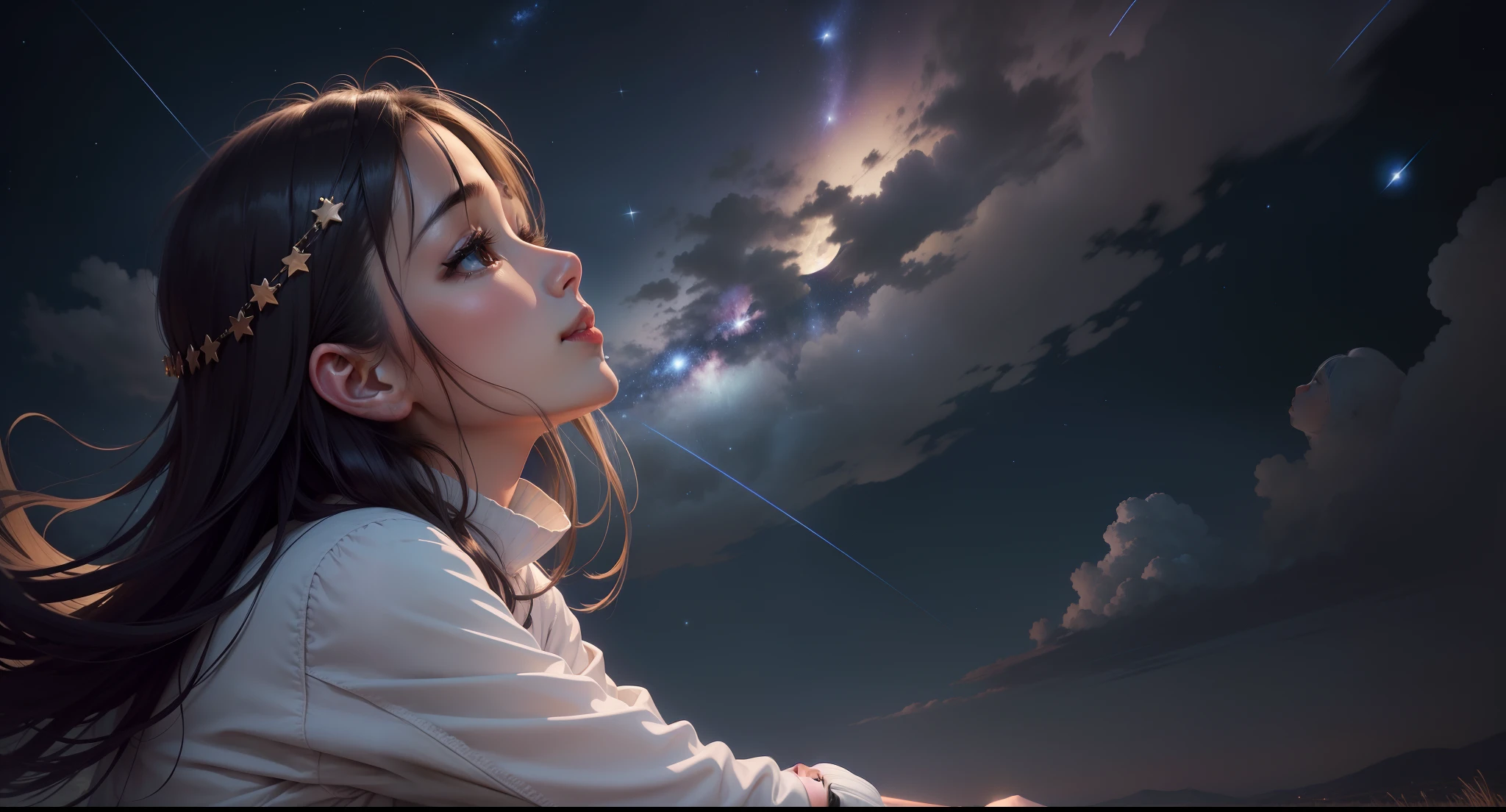 Fantastic night sky、Beautiful shooting stars are flowing.、Looking up at shooting stars、great outdoors、fullmoon、starrysky Realistic Melancholy eyes