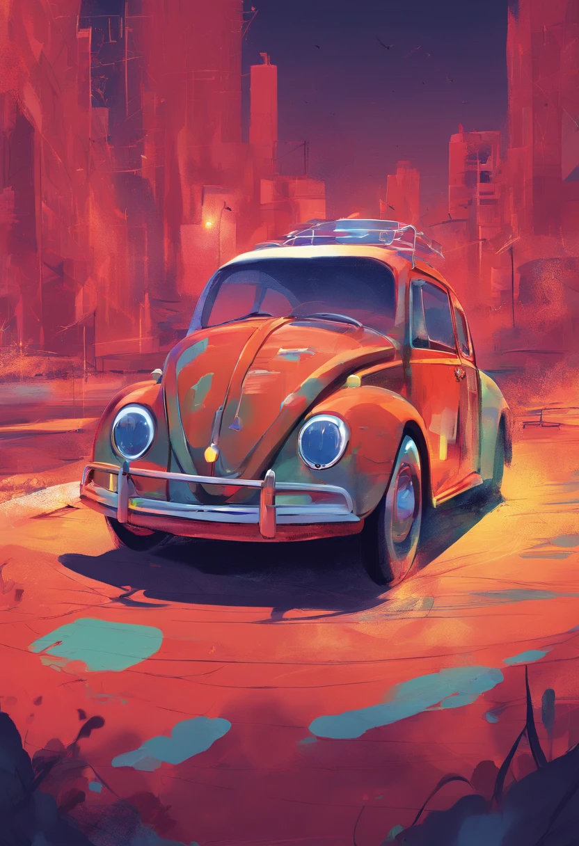 Painting of a car in a desert with a city in the background - SeaArt AI