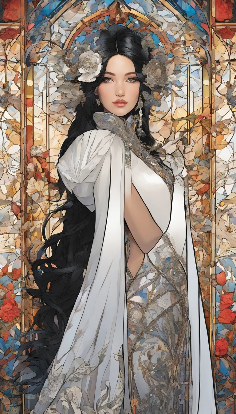 Masterpiece, Highest quality, Solo , (Perfect face:1.1), (High detail:1.1), Dramatic, (1人), Pale skin, (black color hair:1.4), Eyes black, Otto Sepalainen, Solo, Long hair, white luxury suit, covered navel, snob, albino, pouty lips, voluminetric lighting, Detailed eyes, Cinematic lighting, ultra - detailed, intricately details, overwhelmingly pixel perfect, rosette, Fashion, Seductive pose, Balenciaga style on the side
