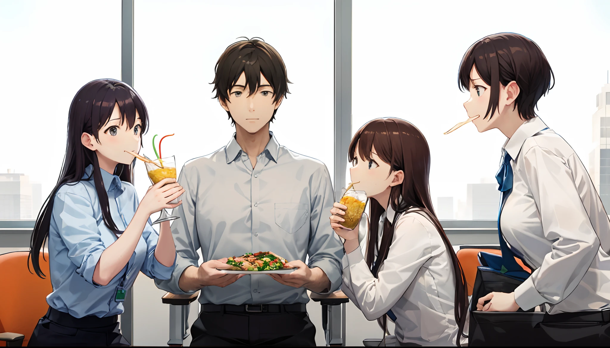 Create an image of 5 adults eating lunch at an office desk
