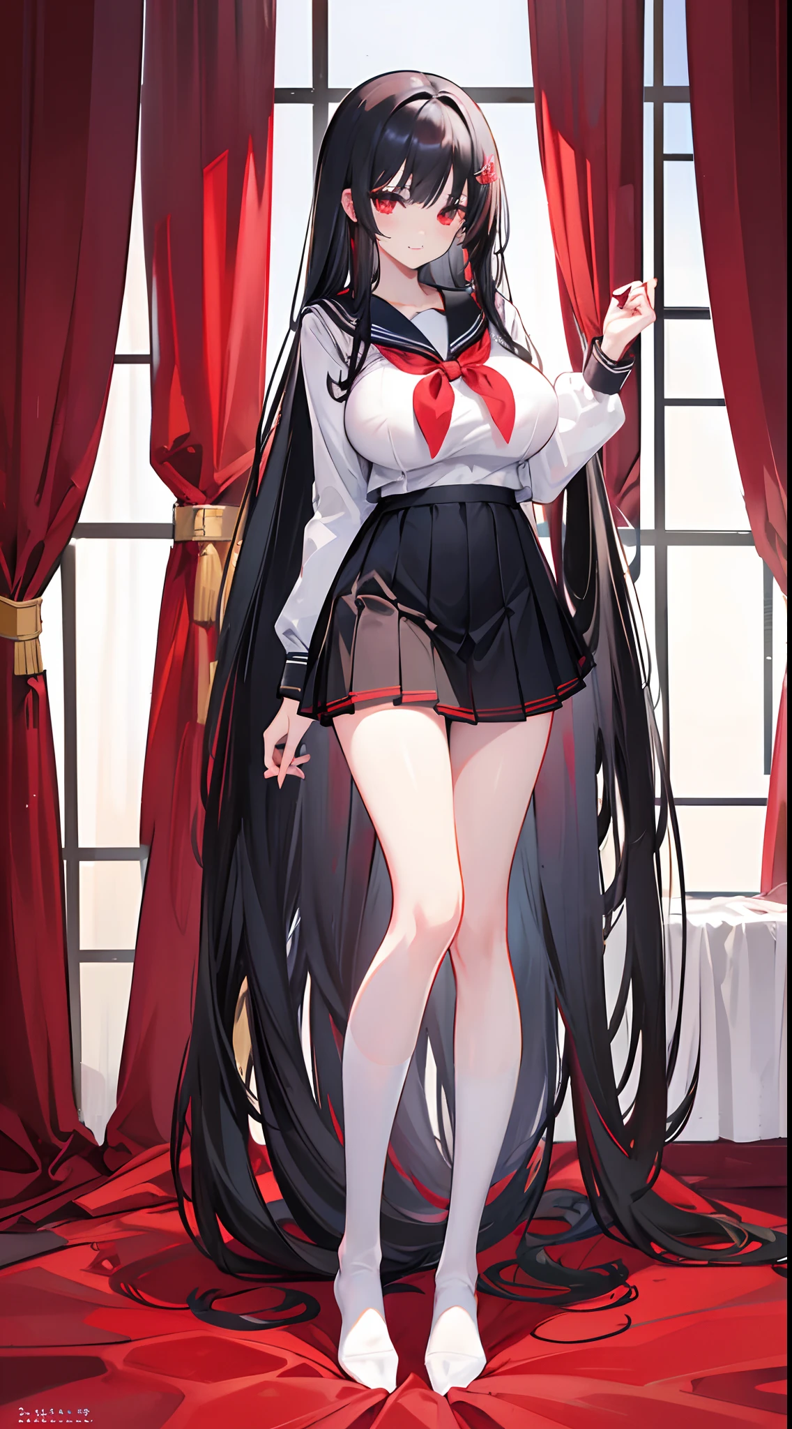 Long black hair that reaches the waist，red color eyes，high light，Hair curtain，Two hair curtains on both sides，dishiveredhair，chiquita，Sailor uniform school uniform，huge tit，White skin of the，light  smile，black lence stockings，Whole body diagram，Eye highlights，In school，