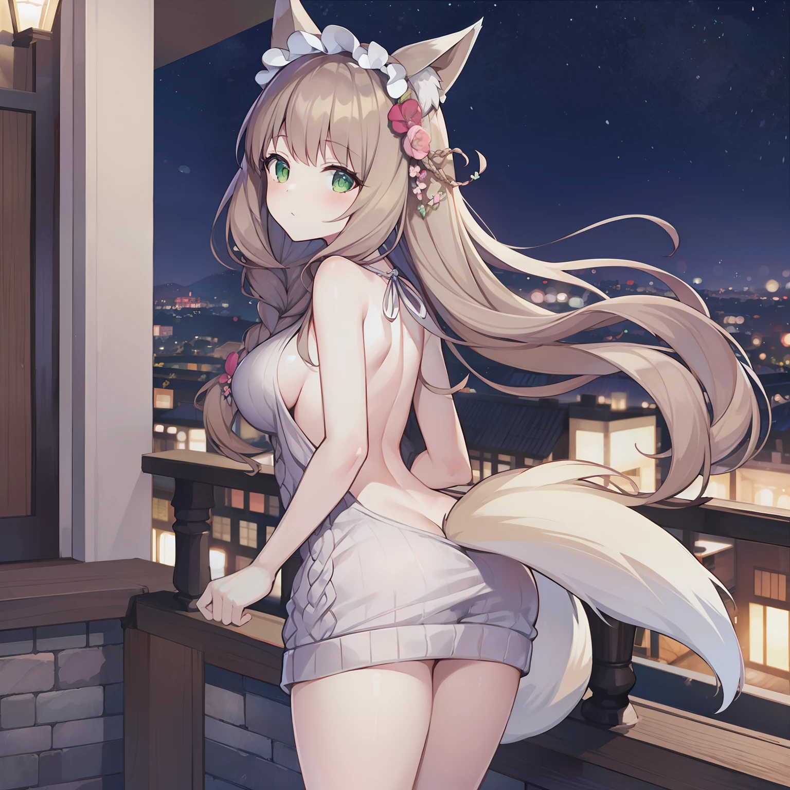 Masterpiece, Best quality, high resolution, 1girll, Solo, Oversized fox tail，Green eyes，(Long brown hair_Sideways French braided hair)，Small flower headdress, (27years old，Big breasts wife)_Mature female figure_F Cup，Modern architecture，natta_Sea view at night，The wife is standing on the terrace of the hotel house_Look back at me，Wear a backless sweater dress，Look from behind，