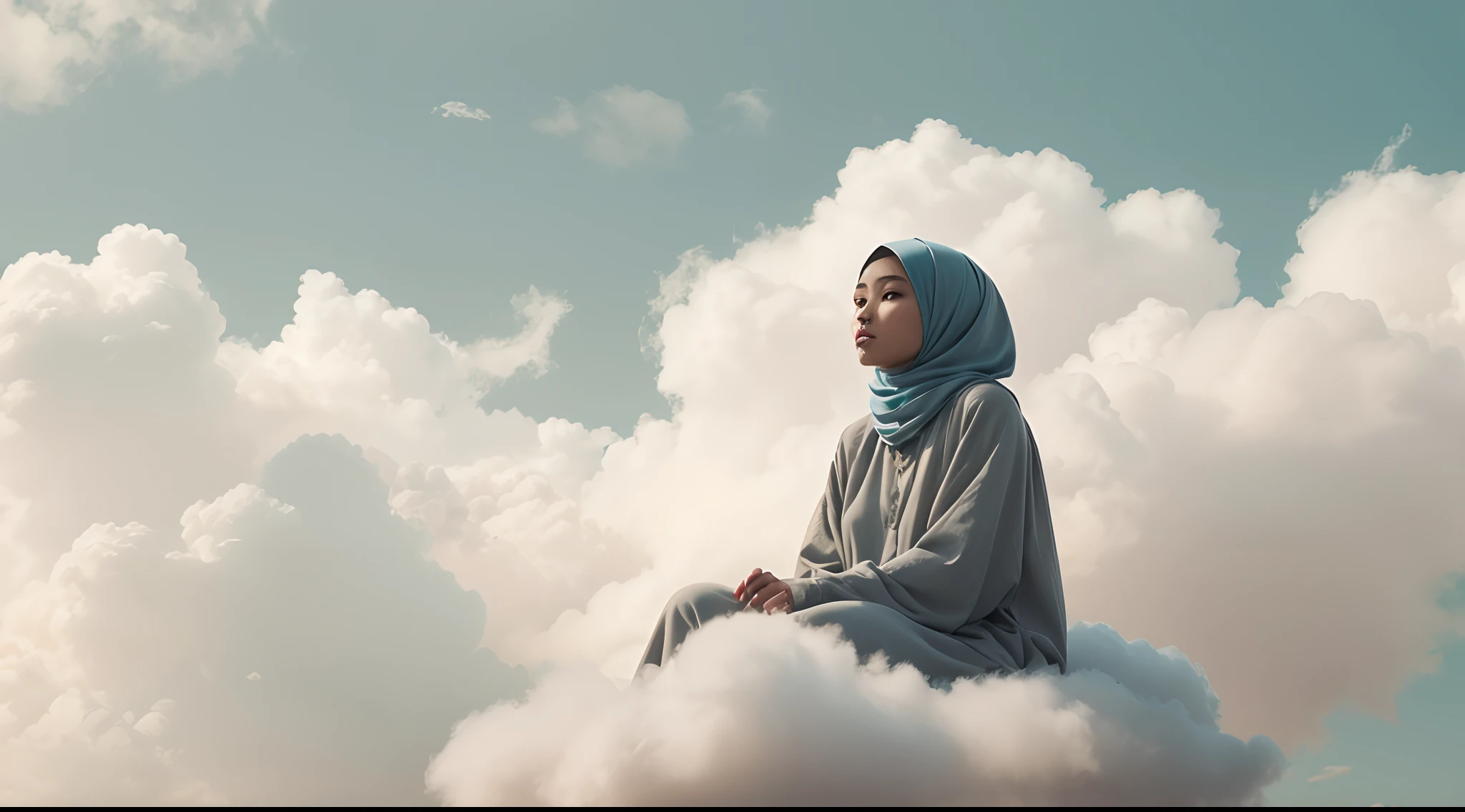 Capture the Malay girl in hijab sitting on a fluffy cloud high in the sky. The cloud acts as her personal retreat in the sky, suspended above the world below, 28mm lens, Establishing shot, muted color grading, cinemascope effect, high quality, using Panavision DXL2 camera,