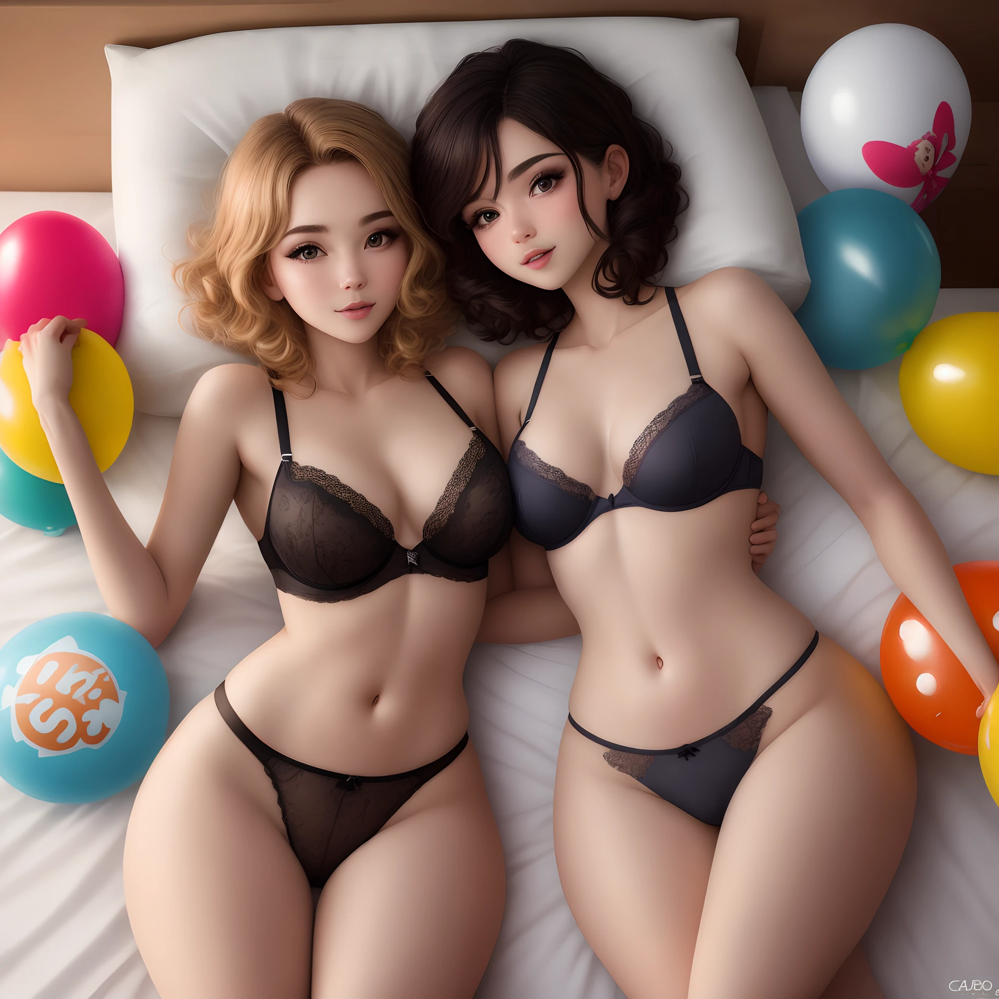 (8k, fotos RAW, calidad superior, obra maestra: 1.2), (realista, fotorrealista: 1.37), ultra detalle, ultra-high-resolution, manzana pio, una chica, hermosos ojos detallados, cabello flotante, flequillo, textura de la piel, cintura estrecha, cintura delgada, (curva: 0.4), piernas, globos que vuelan, film lighting, Pro Lighting, cara delgada, en la cama, Black sexy lingerie, nalgas que sobresalen, manos en la cama, cintura alta y cabeza baja, globos que vuelan