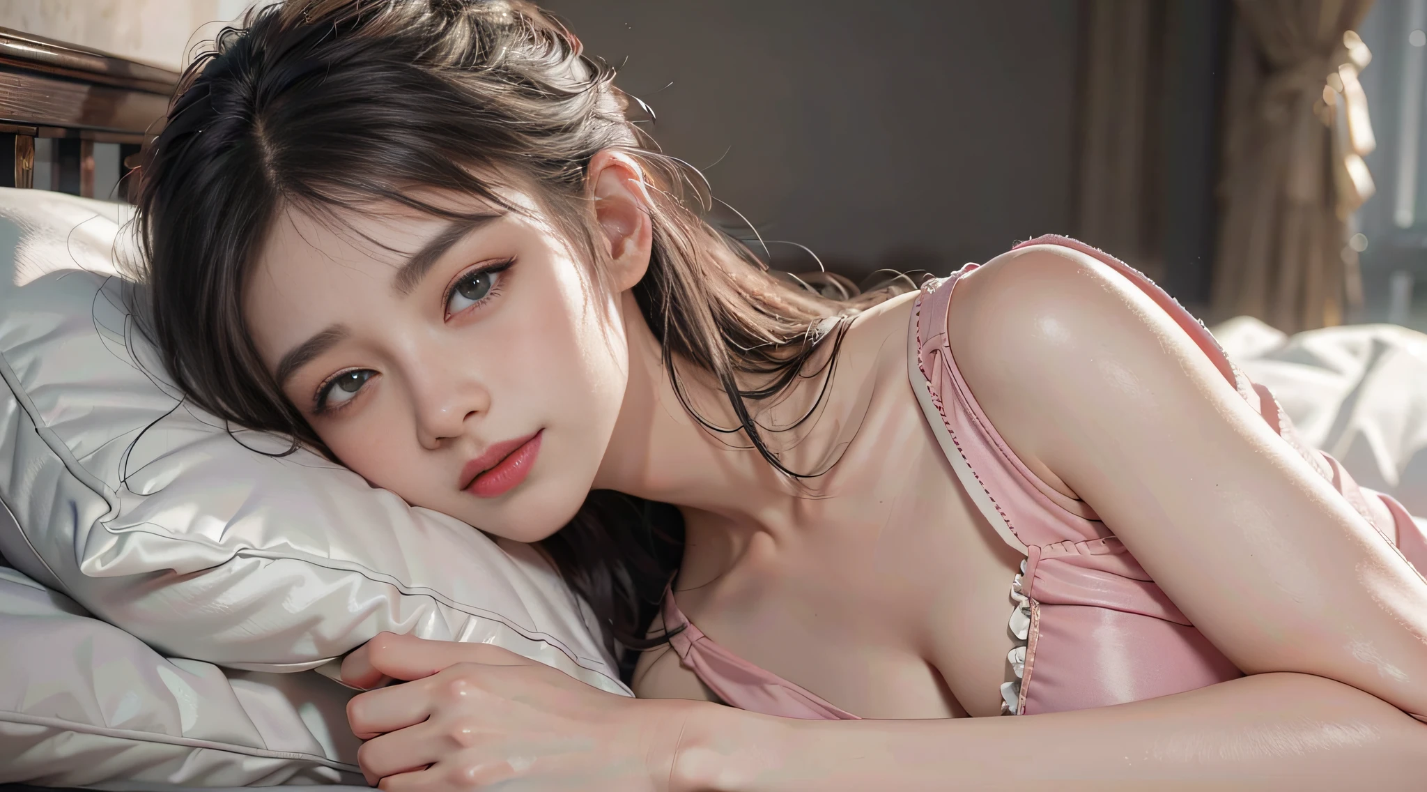 Sexy Woman, Milf, (large breast), ((nudist)), brown hair, detailed face, intricate, elegant, sharp focus, photo by Jeremy Mann, Greg Manchess, Antonio Moro soft lighting, vibrant colors, masterpiece, laying down on a bed