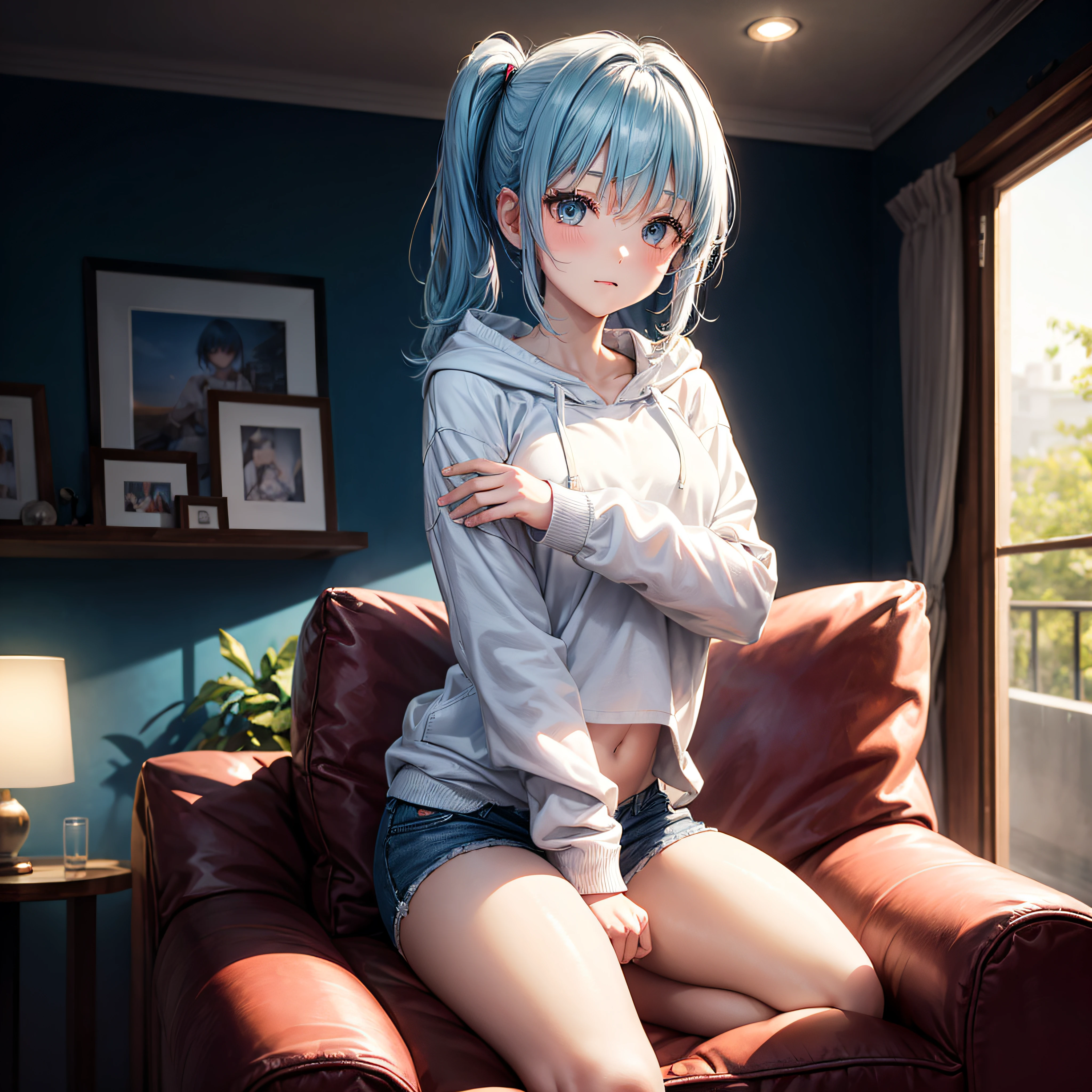 realisitic、top-quality、sit on sofa、((One Woman:1.5))、Light blue hair、side poneyTail、light bule eyes、inside in room、tiny chest、White hoodie、hotpants