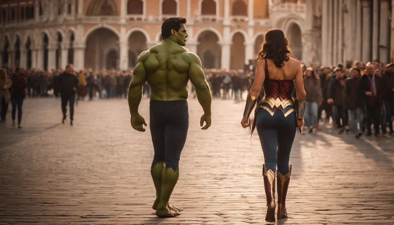 "Hulk and Wonder Woman, strolling hand in hand, Piazza San Marco, enjoying the lively atmosphere"