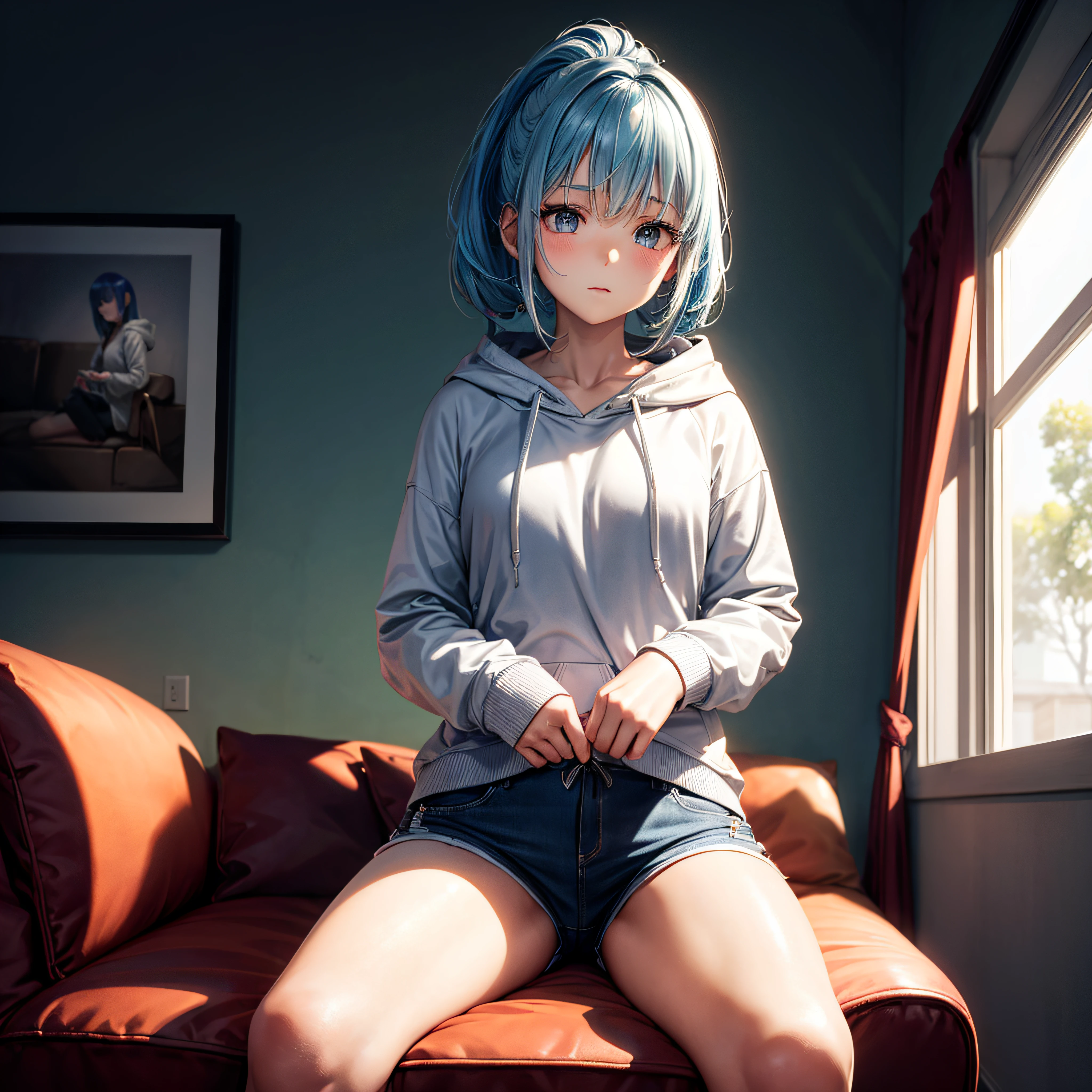 realisitic、top-quality、Sit on the sofa with your legs open、((One Woman:1.5))、Light blue hair、Very long hair、light bule eyes、inside in room、The dim、Medium chest、Grey Zip-Up Hoodie、Navel Ejection、barechested、Zipper open、teats、、pubick hair
