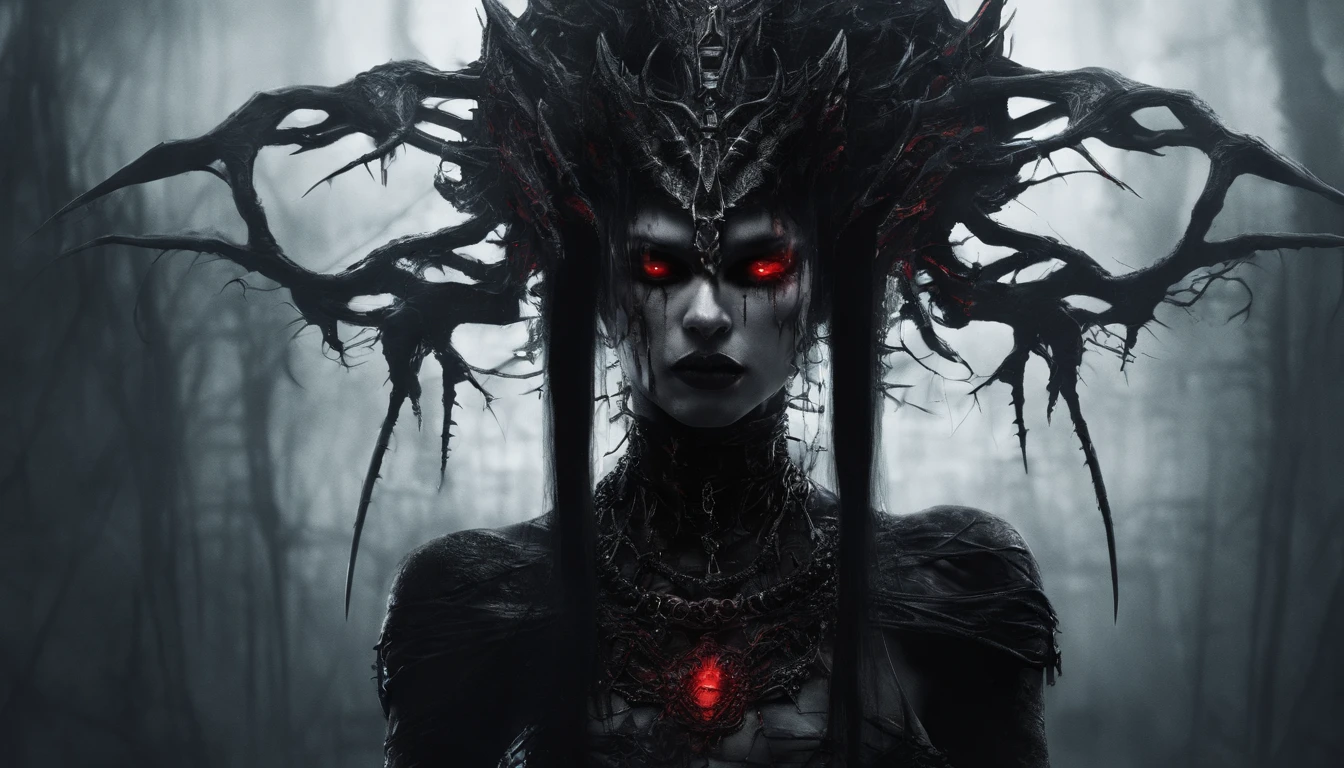 A woman with horns and red eyes stands in a dark forest - SeaArt AI