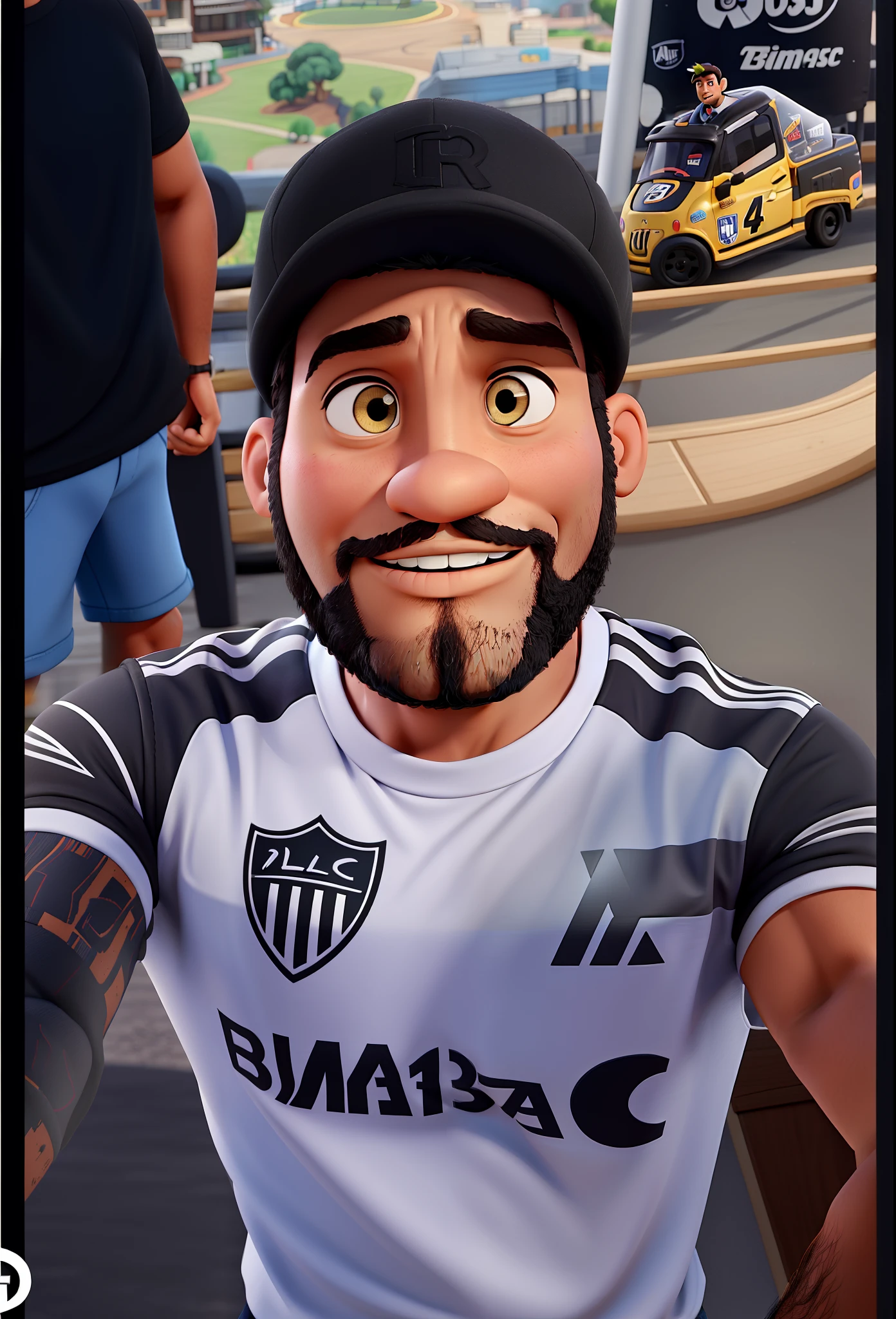 Um Homem negro estilo Disney Pixar, de barba, black cap, Atlético Mineiro shirt, alta qualidade, melhor qualidade