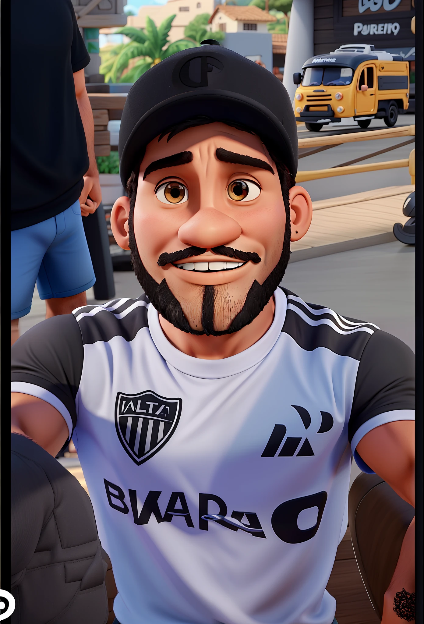 Um Homem negro estilo Disney Pixar, de barba, black cap, Atlético Mineiro shirt, alta qualidade, melhor qualidade