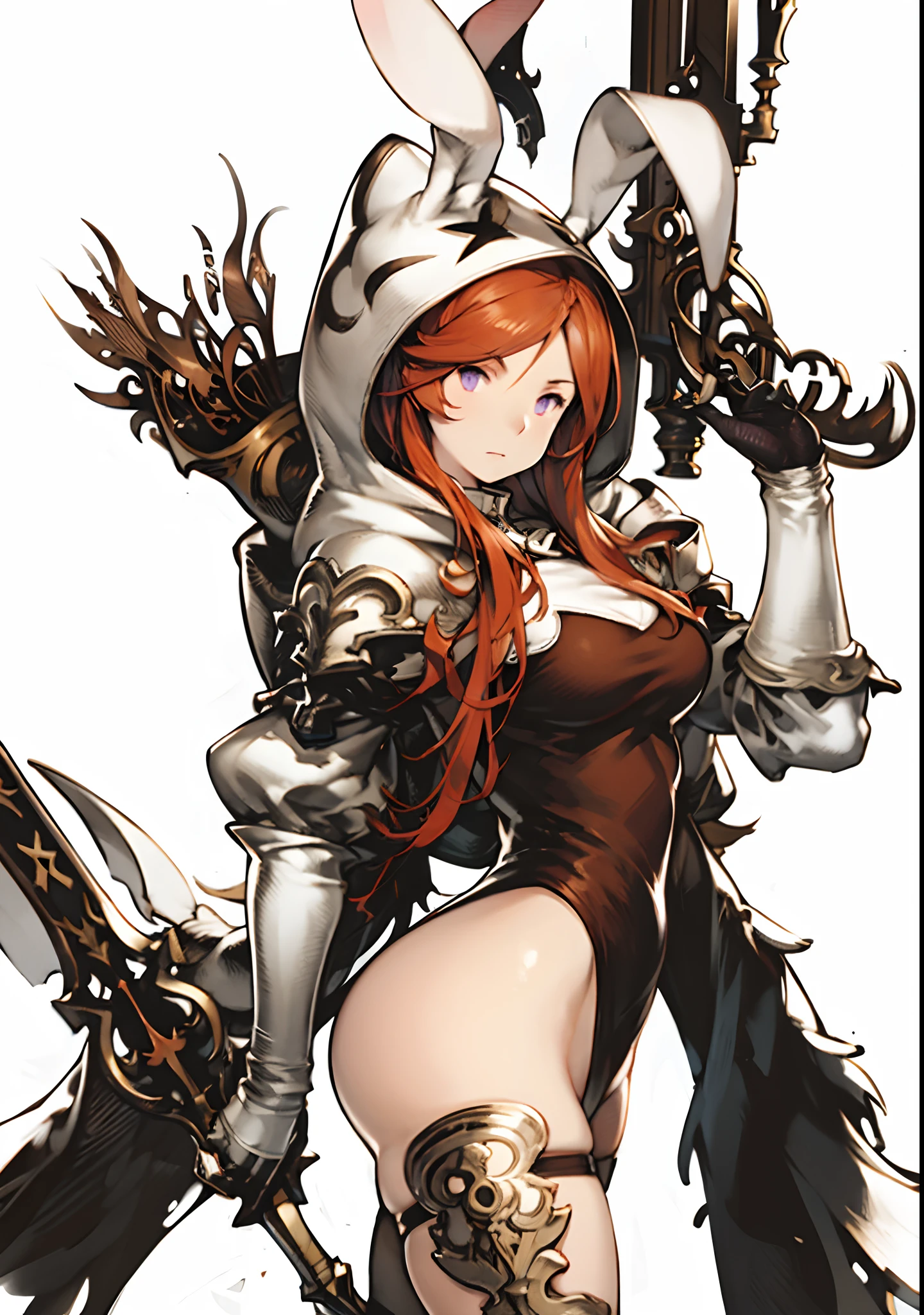 yoshida akihiko, 1girl, bravely default: flying fairy, bravely default \(series\), Nier, final fantasy, purple eyes, hood with ears, orange hair, crossbow, sword