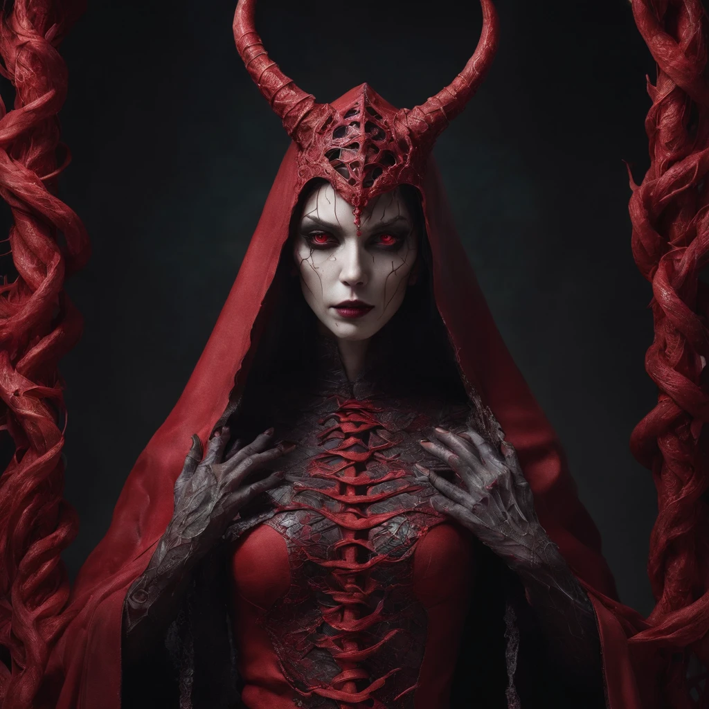 (masterpiece, extreme detail, intricate, authentic, photograph), a majestic slender demon queen made of liquid blood, she is standing in a dark chamber and is surrounded by her worshippers, she has demonic hands, regal clothes, wearing a red cloak and a hood, (red threads connect her with the surroundings:1.3), (face hidden under the hood, hidden face), (((red translucent skin:1.2))), bones under the skin, her body is lean tall and thin, imposing, powerful stance, dark image, backlight, (light from above:1.1),