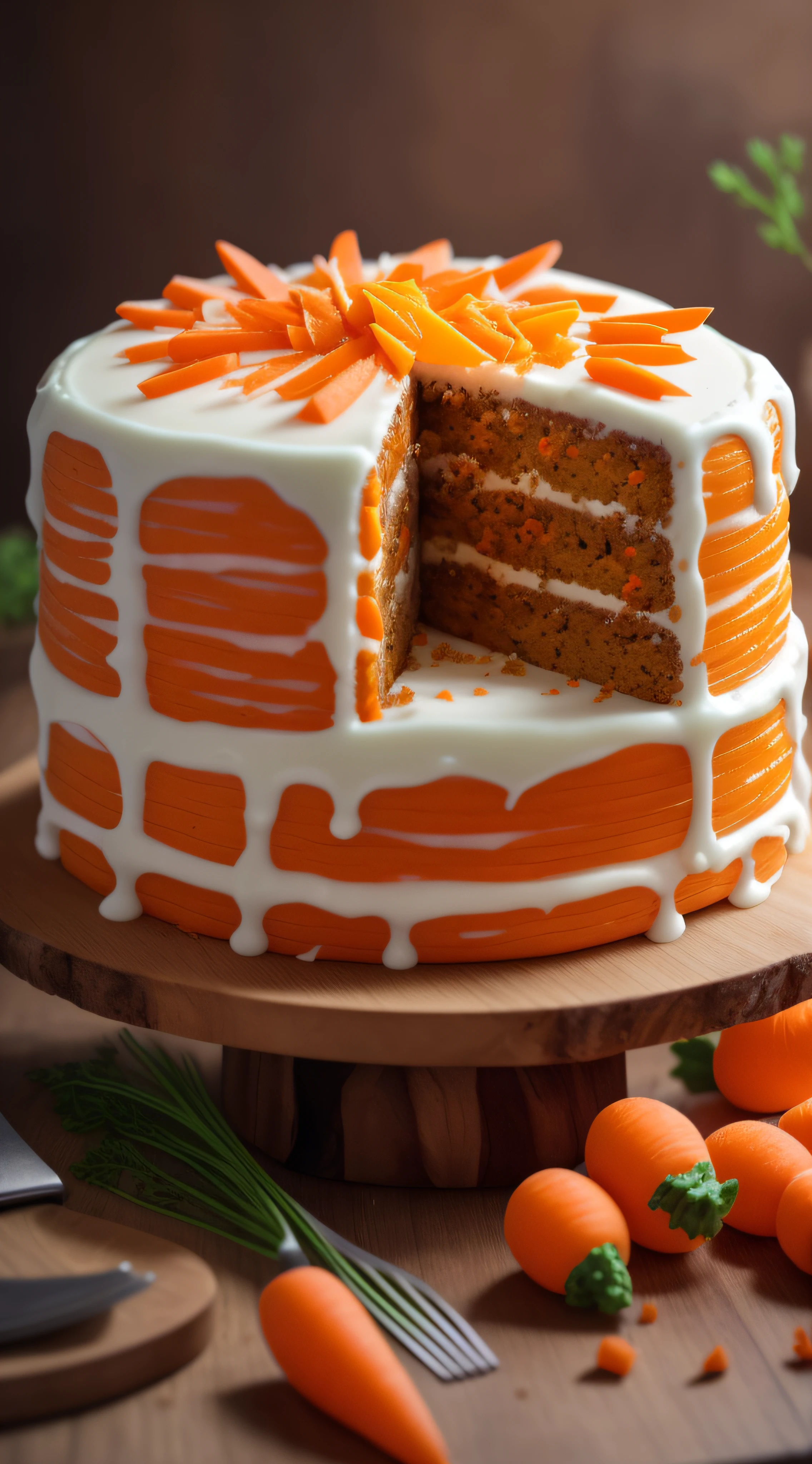 carrot cake with a slice taken out of it on a wooden plate, the greatest cake, cake, high quality food photography, food photography 4 k, cake art, cakes, orange and white, white and orange, birthday cake, carrot, made of glazed, captivating and enticing, 4k polymer clay food photography, light on top, best on adobe stock, pastry