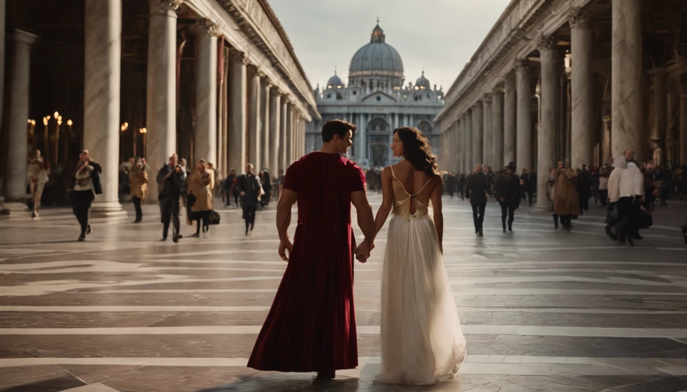 Hulk:1.1 and Wonder Woman:1.1 are seen strolling hand in hand through Piazza San Marco, enjoying the lively atmosphere