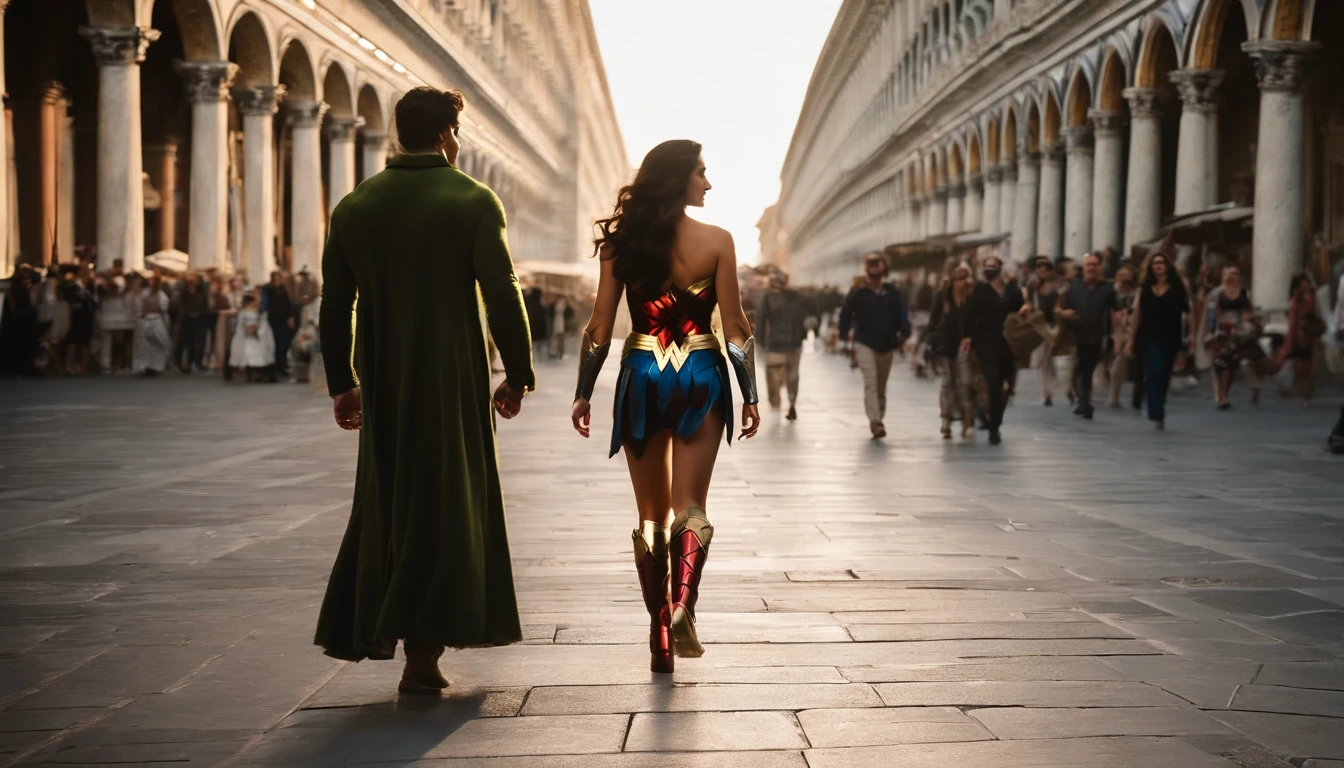 Hulk:1.1 and Wonder Woman:1.1 are seen strolling hand in hand through Piazza San Marco, enjoying the lively atmosphere
