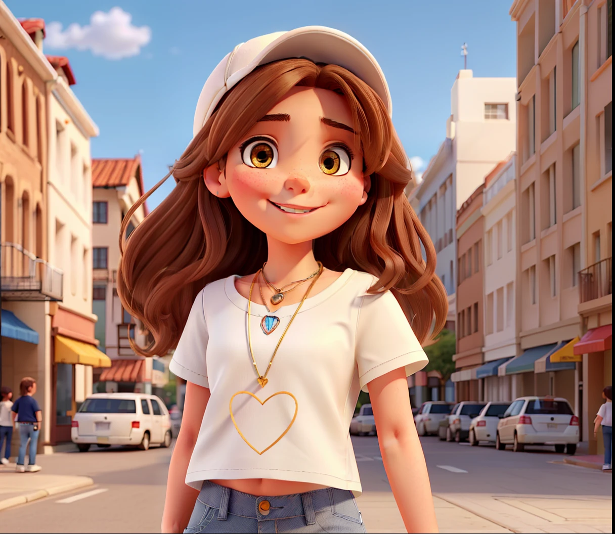 A beautiful girl with light brown hair, brown eyes, in an outfit, a cropped White shot jeans with a white sneaker with a heart necklace, in the square, standing smiling