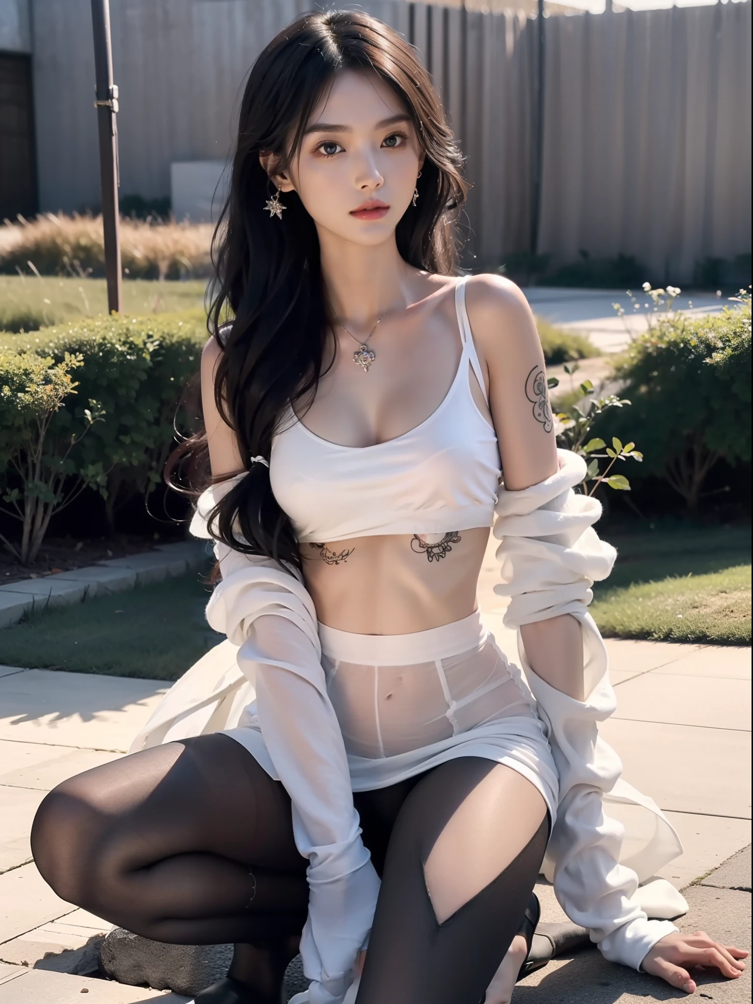 (full-body portraits:1.5),(1girll:1.3),(view the viewer:1.4),(anatomy correct:1.4),(White sweatshirt:1.2),(Black translucent pantyhose:1.3),(with tattoos:1.2),(wavy and long hair,Accurate and perfect face:1.3),(Slender and slender figure,Skinny,Skinny:1.2),(Smaller bust:1.3),(athletic sneakers:1.1),hyper HD, Ray traching, reflective light,structurally correct, Award-Awarded, High detail, Fade-in and fade-out shadow contrast, Face lighting ,Cinematic lighting, Masterpiece, super detailing, High quality, High detail, Best quality, 16k,High contrast