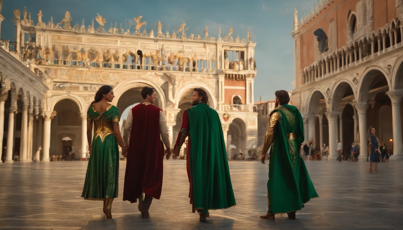 (best quality,4k,highres,masterpiece:1.2),ultra-detailed,(realistic,photorealistic,photo-realistic:1.37),Hulk:1.1 and Wonder Woman:1.1 walking hand in hand, vibrant and energetic, through the stunning scenery of Piazza San Marco. The magnificent architecture of the San Marco Basilica and the Campanile di San Marco can be seen in the background, adding a sense of grandeur and history to the scene. The square is bustling with life, filled with tourists and locals enjoying the lively atmosphere.

Hulk, with his green skin and muscular physique, exudes power and strength. His bulging veins and intense expression reveal his determination and unwavering spirit. Wonder Woman, with her flowing raven hair and confident stance, radiates grace and beauty. The intricate details of their costumes, such as the shining symbols on their chests and the flowing capes, showcase their superhero identities.

As they walk hand in hand, their powerful presence captures the attention of everyone around them. The people in the square gaze in awe and admiration, their faces filled with excitement and joy. The colorful clothing of the tourists adds a vibrant touch to the scene, contrasting with the classical architecture of the square.

The sunlight filters through the majestic arches surrounding Piazza San Marco, casting a warm and golden glow on the scene. The play of light and shadow highlights the fine details of the characters and the exquisite craftsmanship of the architecture. The combination of the natural lighting and the artificial illumination from street lamps creates a magical ambiance, enhancing the overall atmosphere of the artwork.

The color palette of the scene is rich and diverse, with vibrant shades of green, blue, and red. The lush greenery of the square's garden blends harmoniously with the vibrant colors of the characters' costumes. The warm and golden hues of the sunlit architectural structures create a captivating contrast against the bright blue sky.

The prompt aims