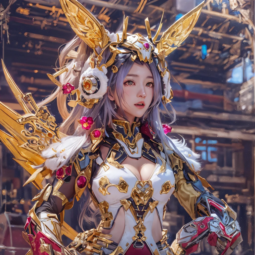 Light orange wind（（Red and white mech girl））National wind circle，Flying nine-tailed fat skull flame ethereal toad star，Golden-black damask white rabbit fur bra，Fuchsia pink diamonds, Tulle burgundy diamond shin guard，CG ，Light orange full set of thick mechs，Giant，, Realistic secret girl rendering, detailed face of a asian girl, Reality in the secret world, Smooth CG art, Realistic. Cheng Yi, Realistic secret style, A lovely secret rendering, 8K portrait rendering, Render character art 8 K, Kawaii realistic portrait，Golden-black damask white rabbit fur bra，Fuchsia pink diamonds, Tulle burgundy diamond shin guard((ultra real detailed.mecha-girl)Mink cotton suit mech，Bright blue and white feathers gold silk shoulder pads，Shi Zhong Huhu female Taoist，Tailfire，Tattooed with，Genius ratio，Silicone texture，Short bright purple hair，3D modeling，4K,8K,16K smooth (Masterpiece, Top quality, Best quality, offcial art, Beauty and aesthetics: 1.2), Very detailed, Colorful, Most detailed, branches,mecha-girl, （Mards）mecha-girl（canyons）， （Linen future mech girl）， Angry fighting stance， looking at the ground， Batik linen bandana， Crane pattern long sleeve garment，Mecha Maiden Canyon（Abstract propylene splash：1.2）， Dark clouds lightning background，Sprinkle with golden mech girl powder（realisticlying：1.4），Black color hair，Flour fluttering，rainbow background， A high resolution， the detail， RAW photogr， Sharp Re， Nikon D850 Film Stock Photo by Jefferies Lee 4 Kodak Portra 400 Camera F1.6 shots, Rich colors, ultra-realistic vivid textures, Dramatic lighting, Unreal Engine Art Station Trend, cinestir 800，Flowing black hair,（（（Red and white mech girl））），Front view，Pure transparency，Wear boxing gloves，Ice is permeable to gas，Film light and shadow，Panorama ultra-wide angle，extremely happy，The texture of the real person is delicate，Strong visual impact，Hyper-detailing，Dream girl，Refined face，prettyeyes，high saturated，Wear reflective sunglasses with a thick gold thread，crystal-clear，Good interpe
