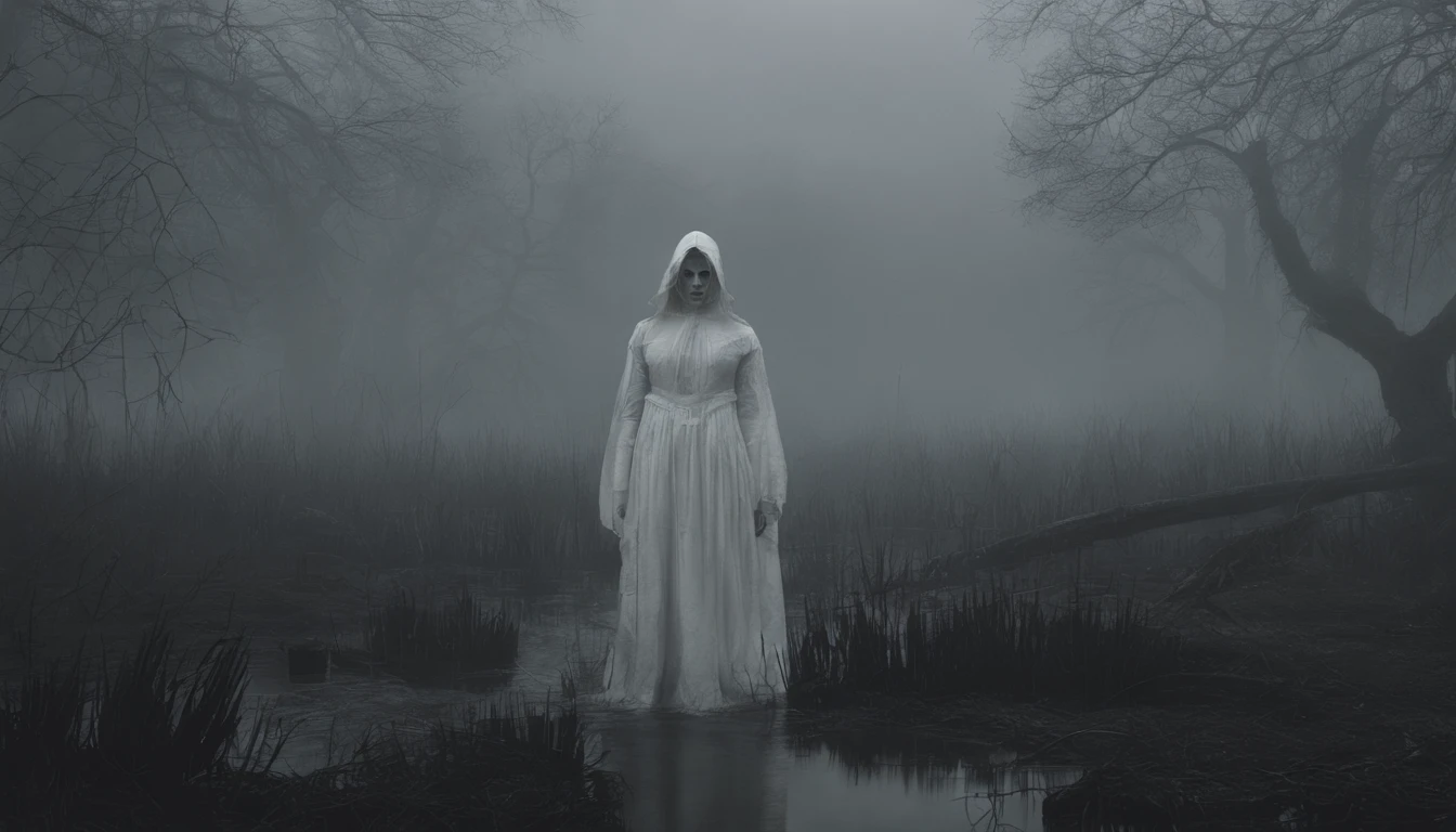 There's a creepy woman dressed in a white in a foggy marsh, witch aesthetic, horror movie, cinematic, dark ambient, ultra detailed, photorealistic, masterpiece.