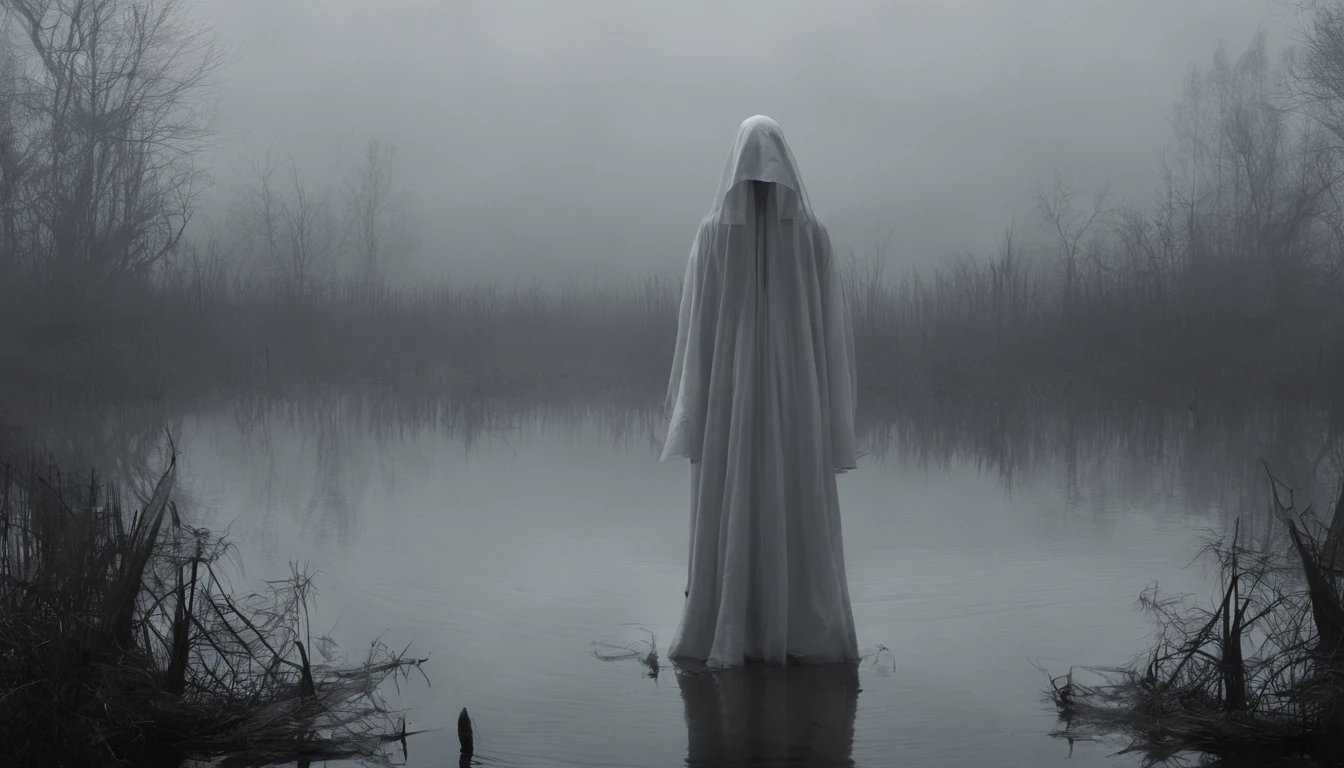 There's a creepy woman dressed in a white in a foggy marsh, witch aesthetic, horror movie, cinematic, dark ambient, ultra detailed, photorealistic, masterpiece.