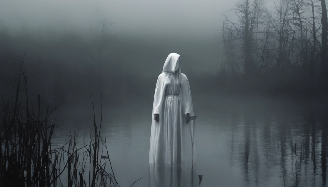 There's a creepy woman dressed in a white in a foggy marsh, witch aesthetic, horror movie, cinematic, dark ambient, ultra detailed, photorealistic, masterpiece.