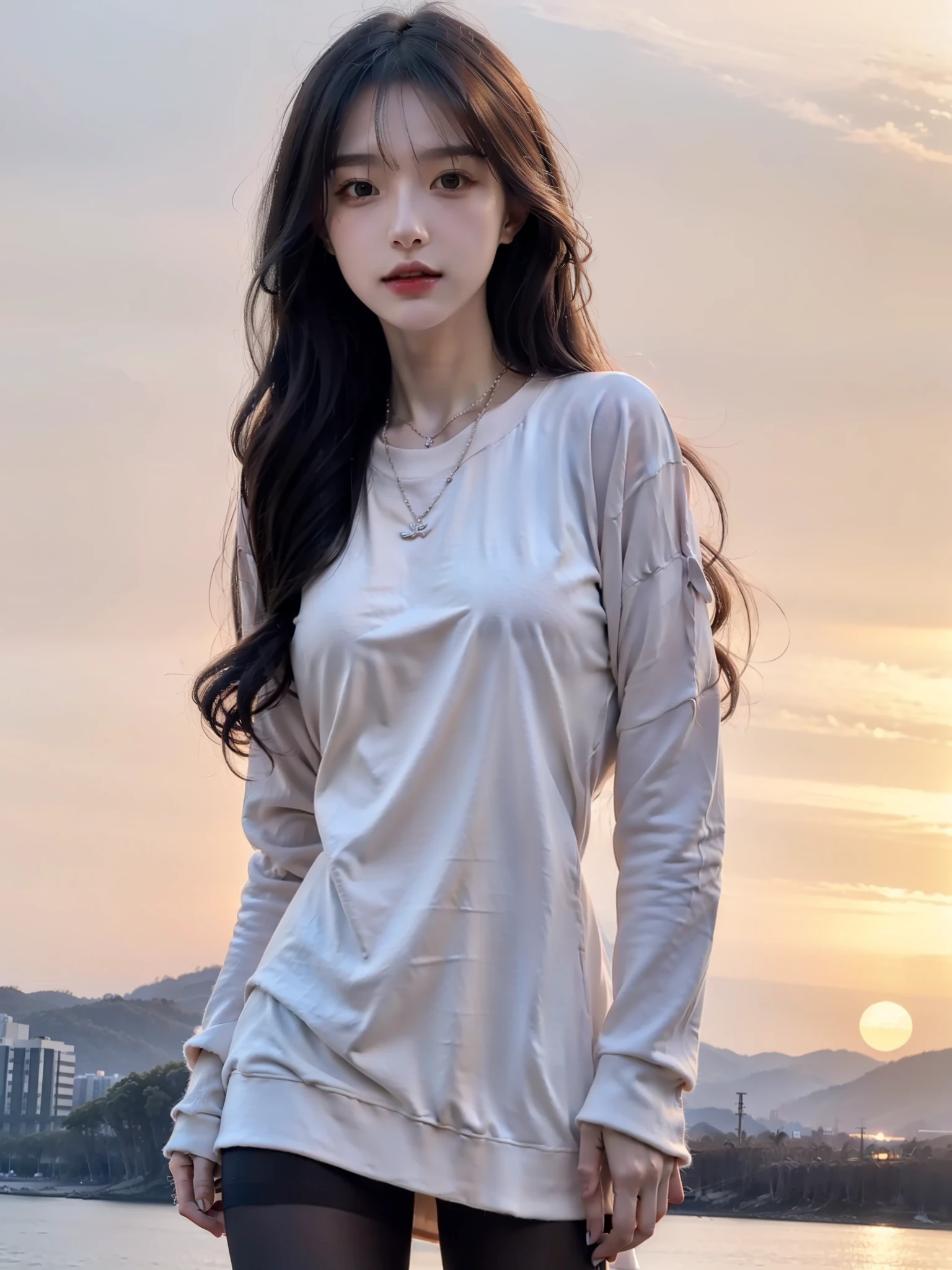 (full-body portraits:1.5)，(1girll:1.3),(view the viewer:1.4),(anatomy correct:1.4),(White sweatshirt:1.2),(Black translucent pantyhose:1.3),(with tattoos:1.2),(wavy and long hair，Accurate and perfect face:1.3),(Slender and slender figure，Skinny，Skinny:1.2),(Smaller bust:1.3),(athletic sneakers:1.1),hyper HD, Ray traching, reflective light，structurally correct, Award-Awarded, High detail, Fade-in and fade-out shadow contrast, Face lighting ，Cinematic lighting, Masterpiece, super detailing, High quality, High detail, Best quality, 16k，High contrast