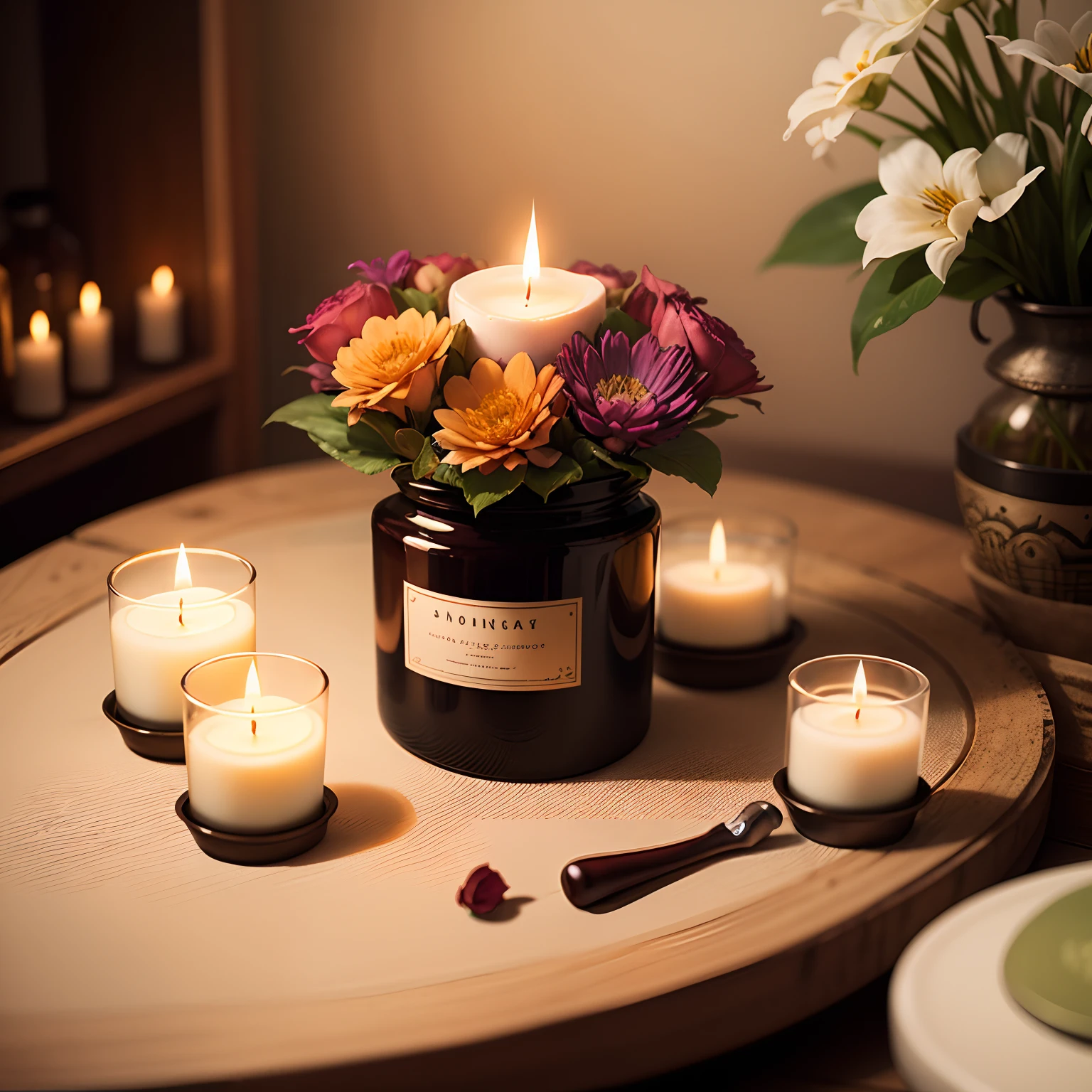 A bottle of expensive scented candles surrounded by flowers, top advertising, luxury goods, morningglow, Nori Inoguchi photography