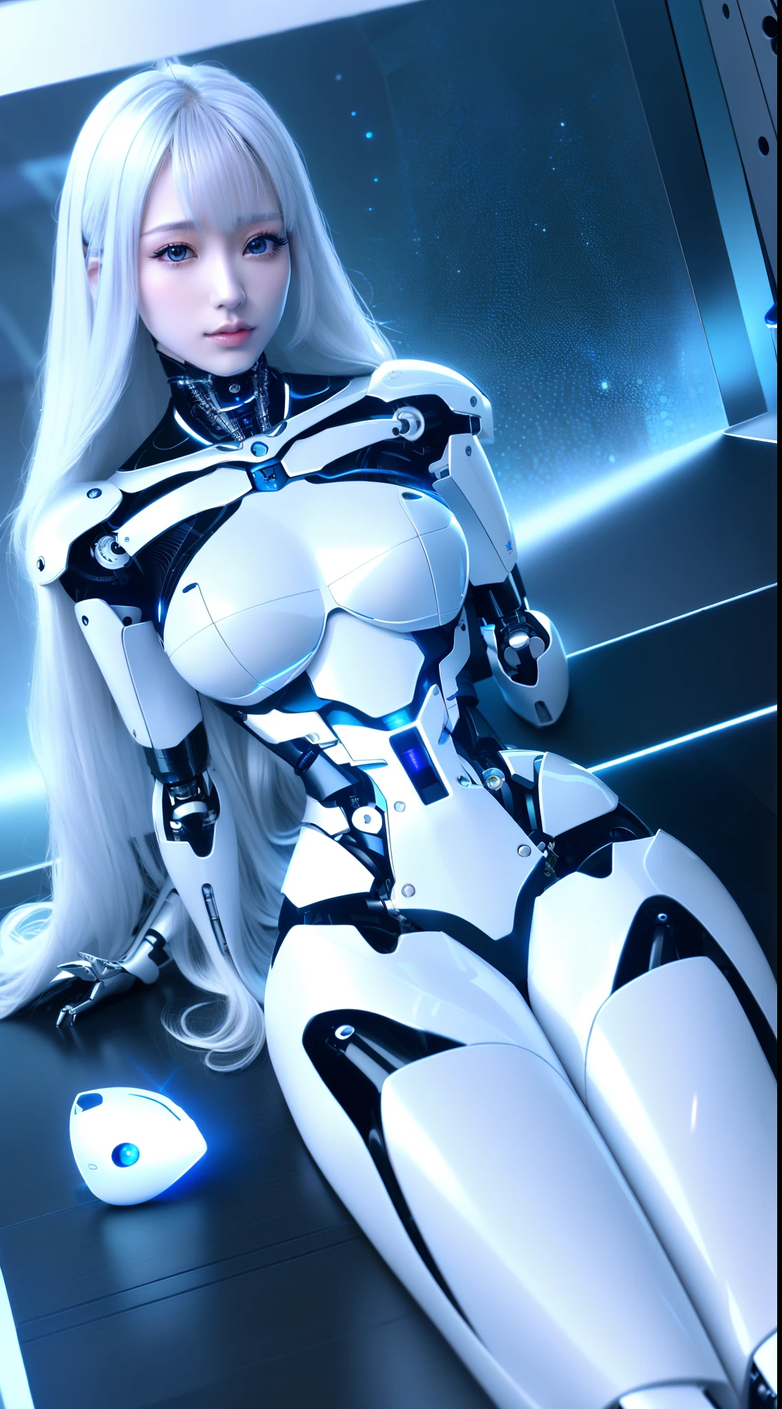 ((masutepiece)), ((top-quality), high quarity、ultra-definition, (Realistic), (well proportioned face:1.5)、fulcolor 、(scientific fiction)、((独奏))、Beautiful robot woman、Repaired Emotionless Robot、(Perfect robot joint:1.5)、(Detailed electronic board)、(Machine frame)、(Restoration of white porcelain mechanical armor:1.1)、(Oval curvaceous face)、(machine components)、(Almond-shaped eyes without emotion)、thin mouth、(Perfect mechanical two-handed:1.2)、((Cyber City during the day))、Correct mechanical legs、(lying on floor)、high-heels、Shooting from above、laying on back