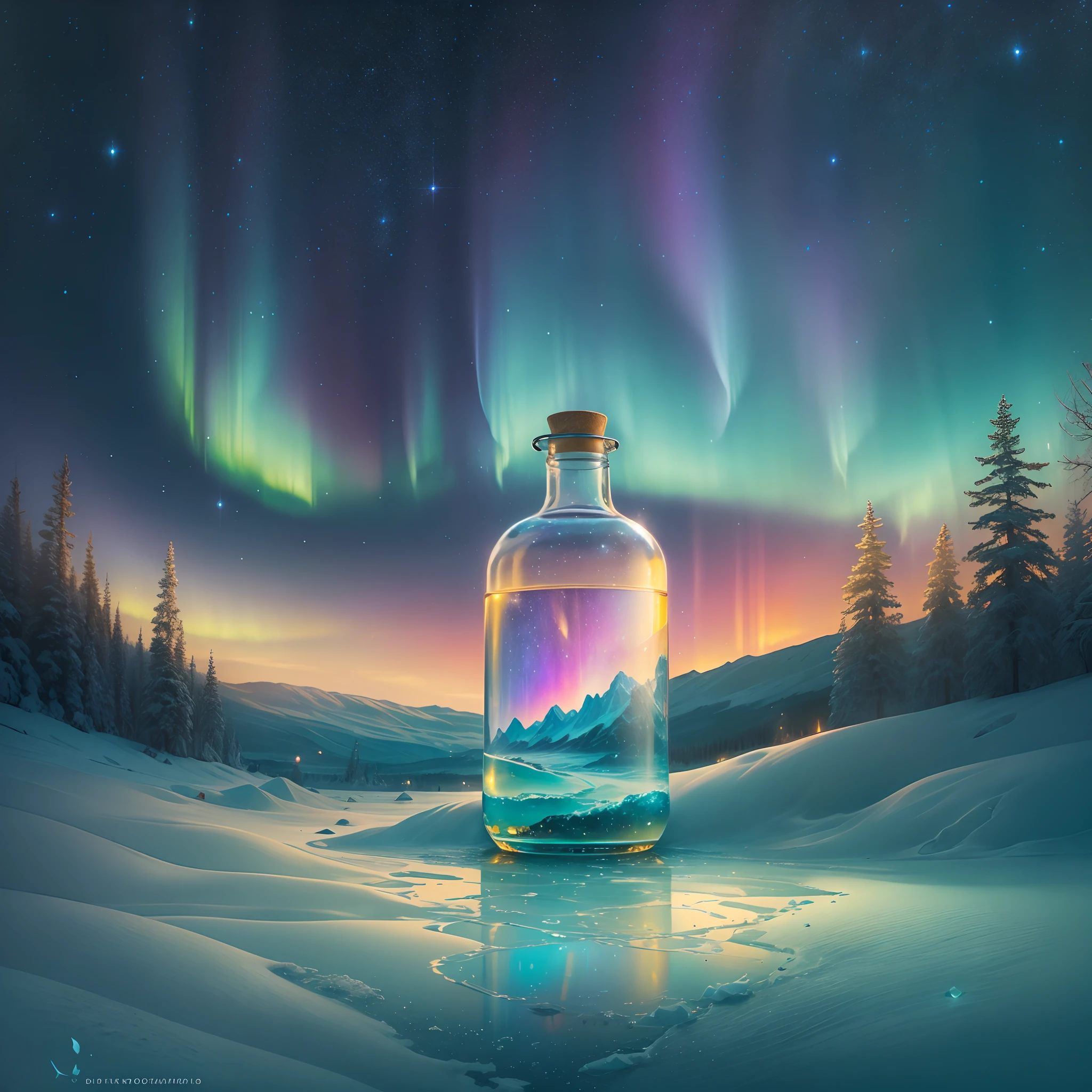 Best quality,Ultra-detailed,Realistic,Photorealistic:1.37,Painting,aurora borealis,Glowing,Ethereal,Night sky,Clear glass bottle,Reflection,glistening stars,Frozen landscape,magical scene,Vivid colors,soft pastel tones,Warm golden glow,tranquil ambiance