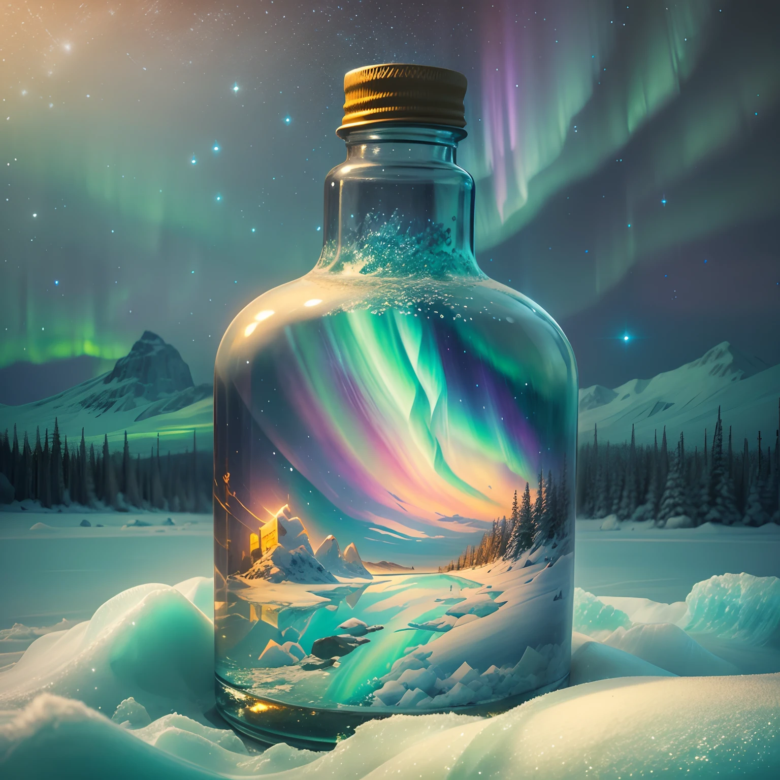 best quality,ultra-detailed,realistic,photorealistic:1.37,painting,aurora borealis,glowing,ethereal,night sky,transparent glass bottle,reflection,sparkling stars,frozen landscape,magical scene,vivid colors,soft pastel tones,warm golden light,peaceful ambiance