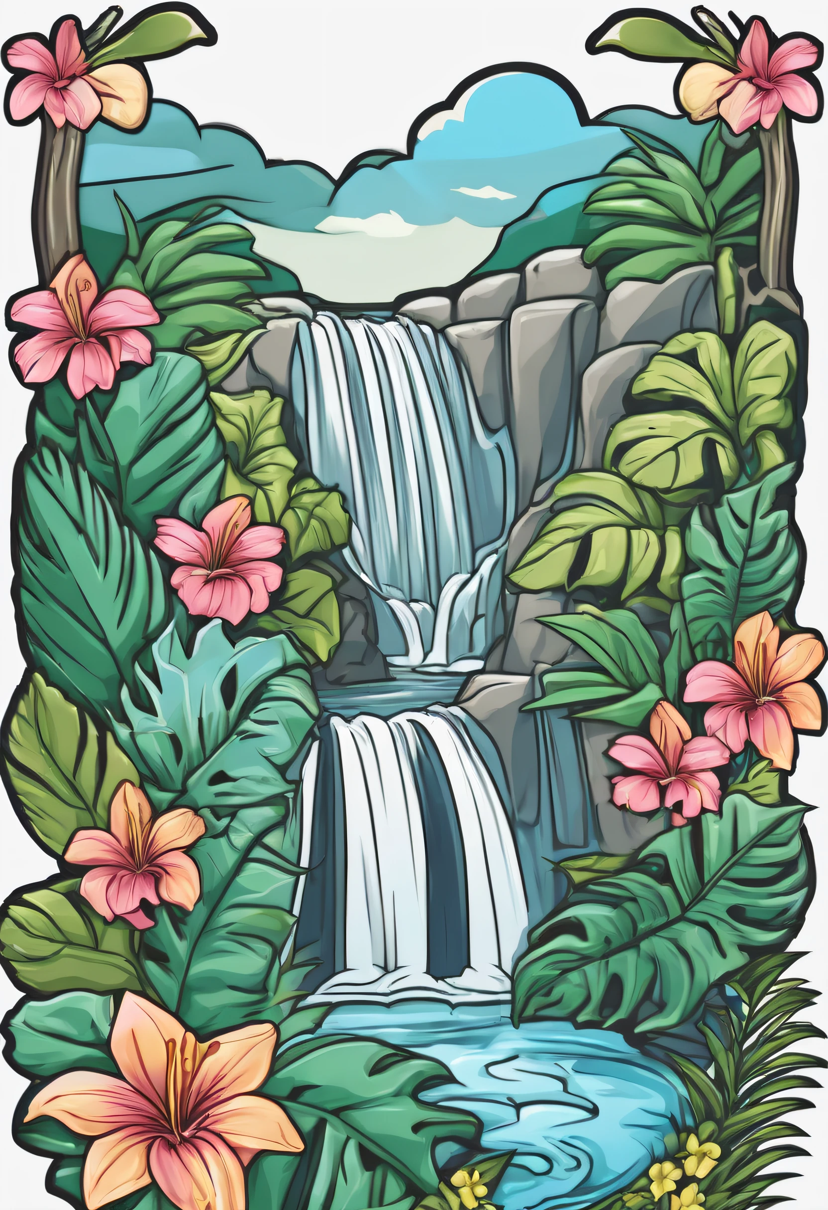 sticker of a waterfall outlined with tropical flowers (Irregular contour image)