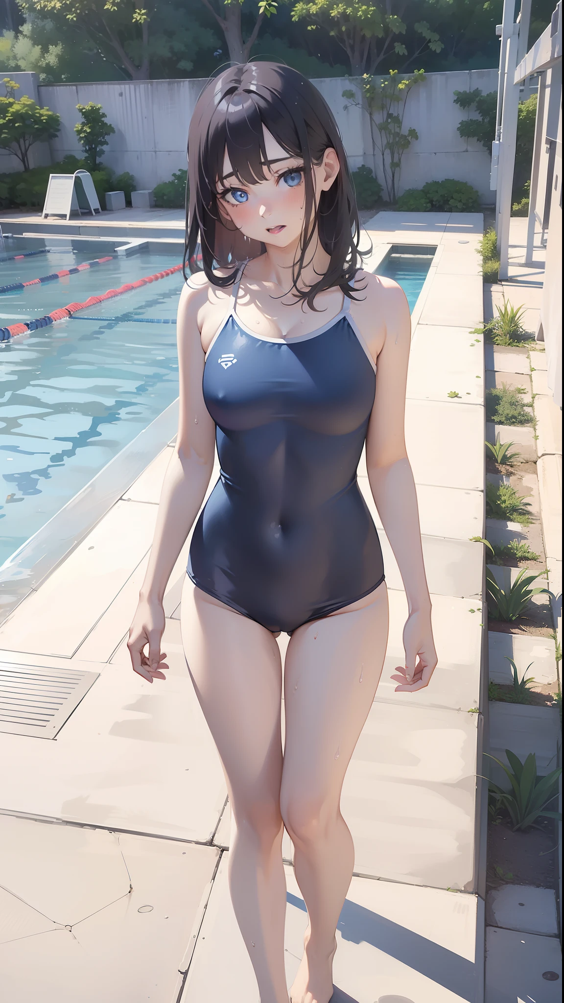 ((top-quality))、((masterpiece))、girl with、Formal-up、a blond、Blue eyes、gals、beautiful detailed eyes and face、pretty skin、Realistic、a very cute、18year old、((School Swimwear Details))School swim wear(Dark blue color、Simple design、Matte texture、Wrinkle、Wet、Polyester material、shadings、)Wet body、Anime Face、Beautie、Facing the front、big eye(Beautiful fece、Anime Face、Clear eyes、Fine details、beautidful eyes)Well-formed face(Beautiful nasal muscles、Perplexed、sharp mouth)full of sweat、sodden、Wet feeling、Background with(sunny sky、takeout)、8K picture quality、perfectly proportions、A slender、red blush、female focus on, hair adornments,length hair, Look at viewers,pissing、お漏らし、pee、getting wet