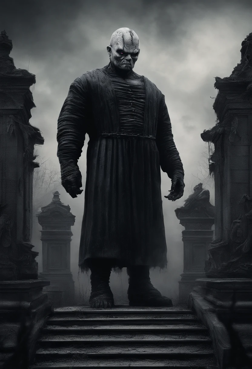 master part, best quality, arte oficial, Papel de parede 8K, Very detailed, Estilo escuro，Black ckucky statue，A huge tall statue of Chucky in the distance，Peregrinos na Estrada
