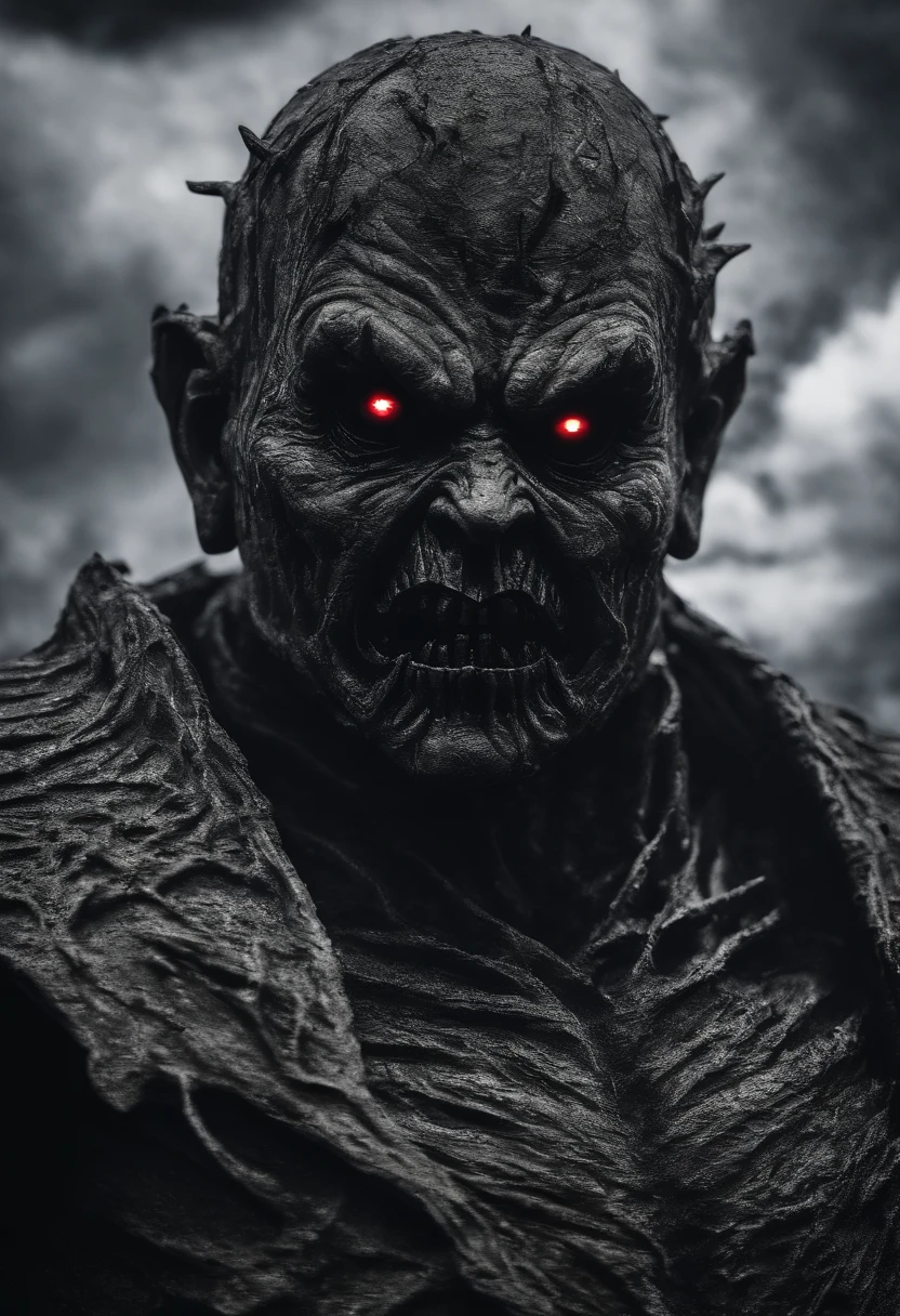 master part, best quality, arte oficial, Papel de parede 8K, Very detailed, Estilo escuro,Black ckucky statue,A huge tall statue of Chucky in the distance,Peregrinos na Estrada