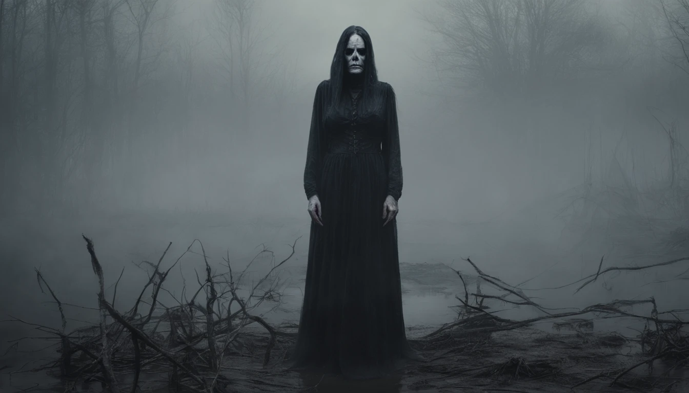 Half body shot of a creepy demon woman in a foggy marsh, pale skin, witch aesthetic, horror movie, cinematic, dark ambient, ultra detailed, photorealistic, masterpiece.