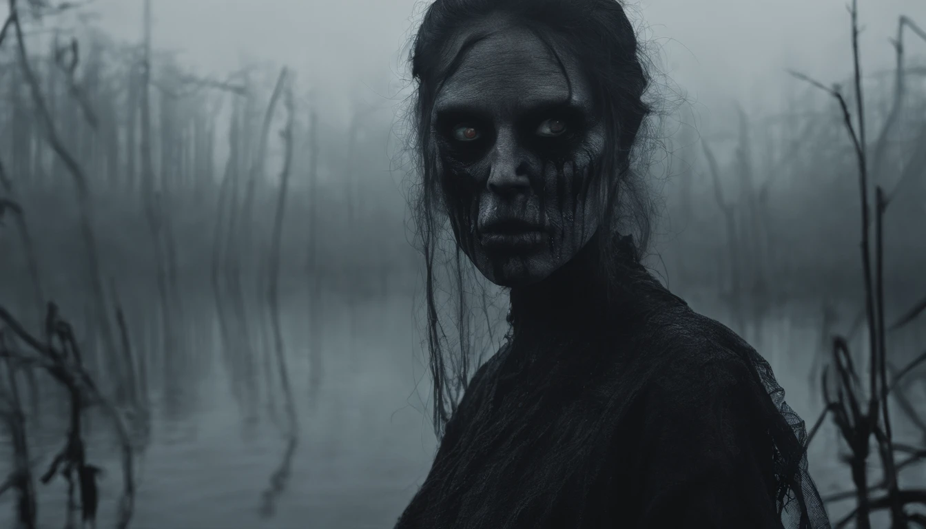 Half body shot of a creepy demon woman in a foggy marsh, pale skin, witch aesthetic, horror movie, cinematic, dark ambient, ultra detailed, photorealistic, masterpiece.